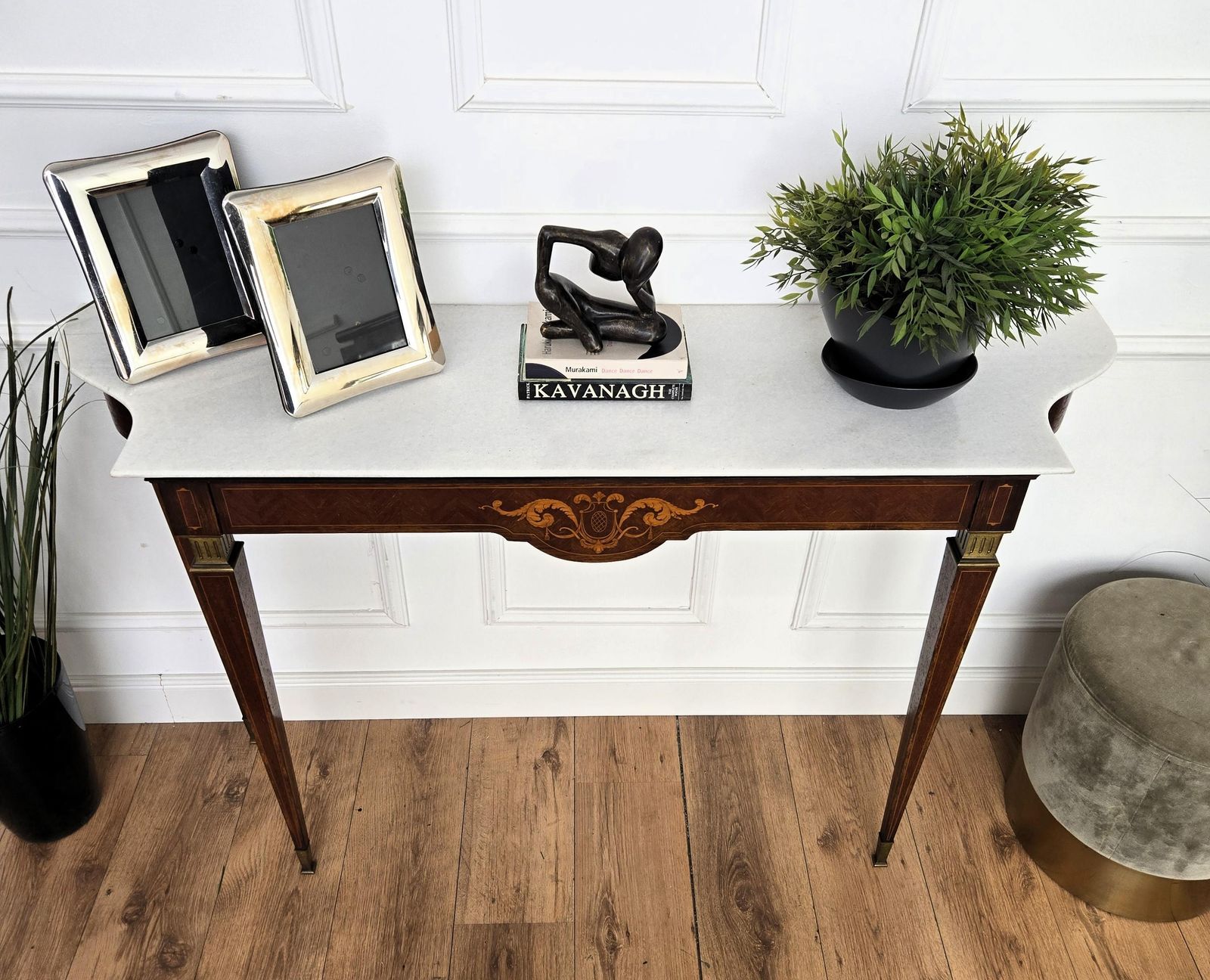 1950s Midcentury Italian Inlay Wood Brass Wall Console Table With Marble Top photo 2087.0