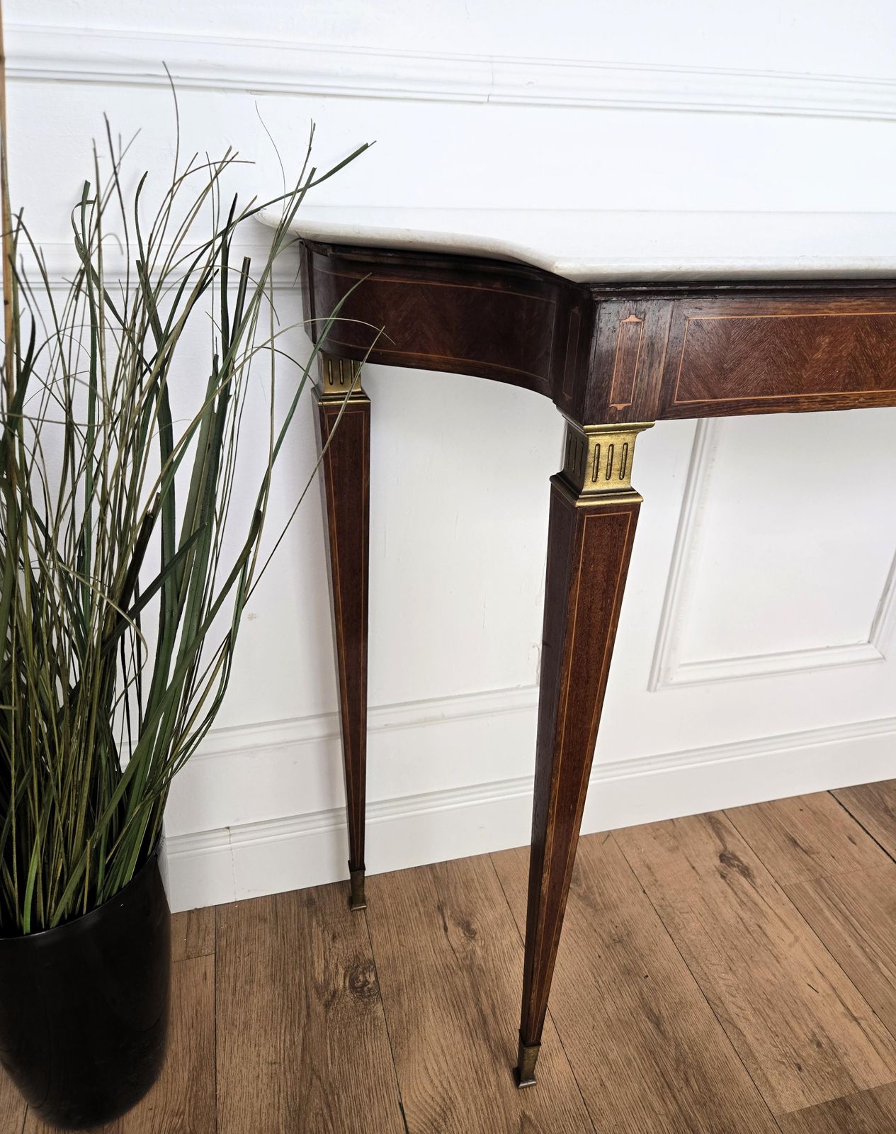 1950s Midcentury Italian Inlay Wood Brass Wall Console Table With Marble Top photo vintage