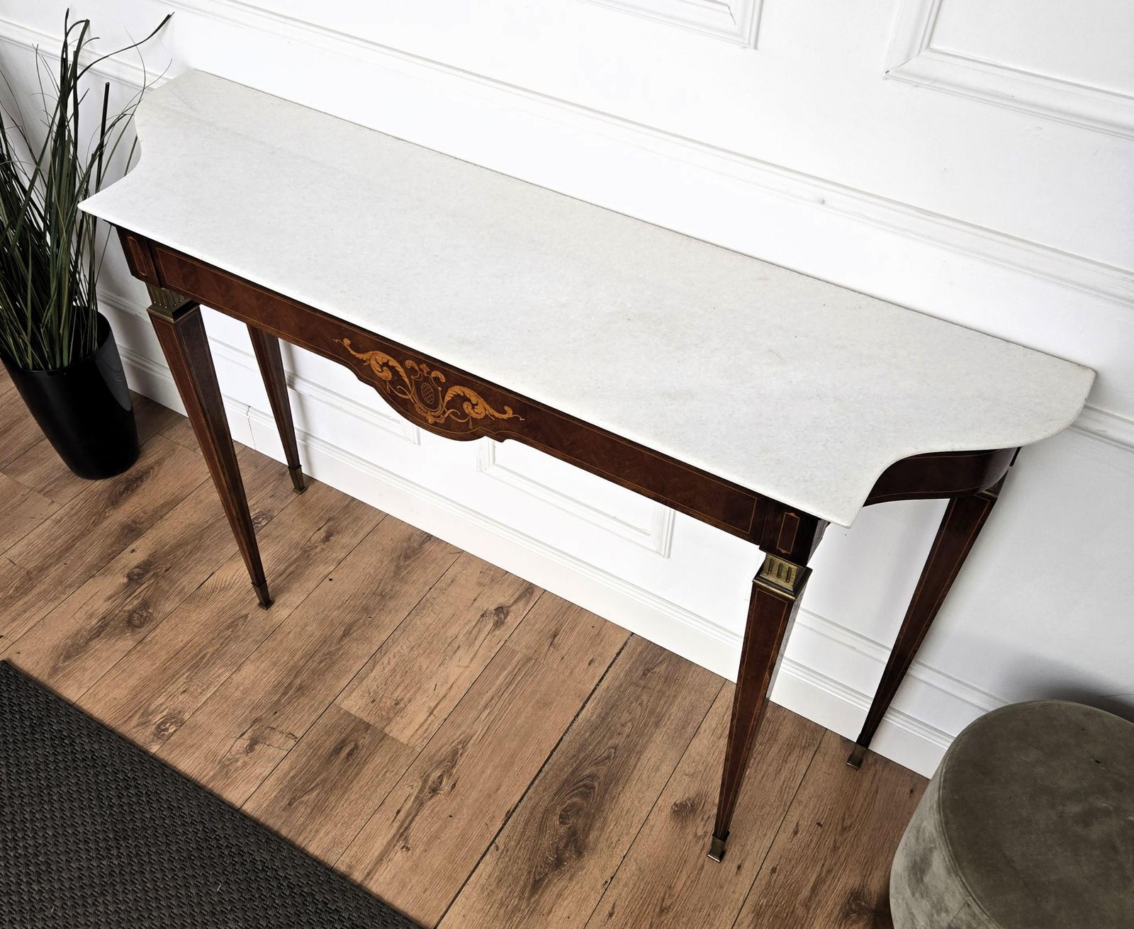 photo for sale 1950s Midcentury Italian Inlay Wood Brass Wall Console Table With Marble Top
