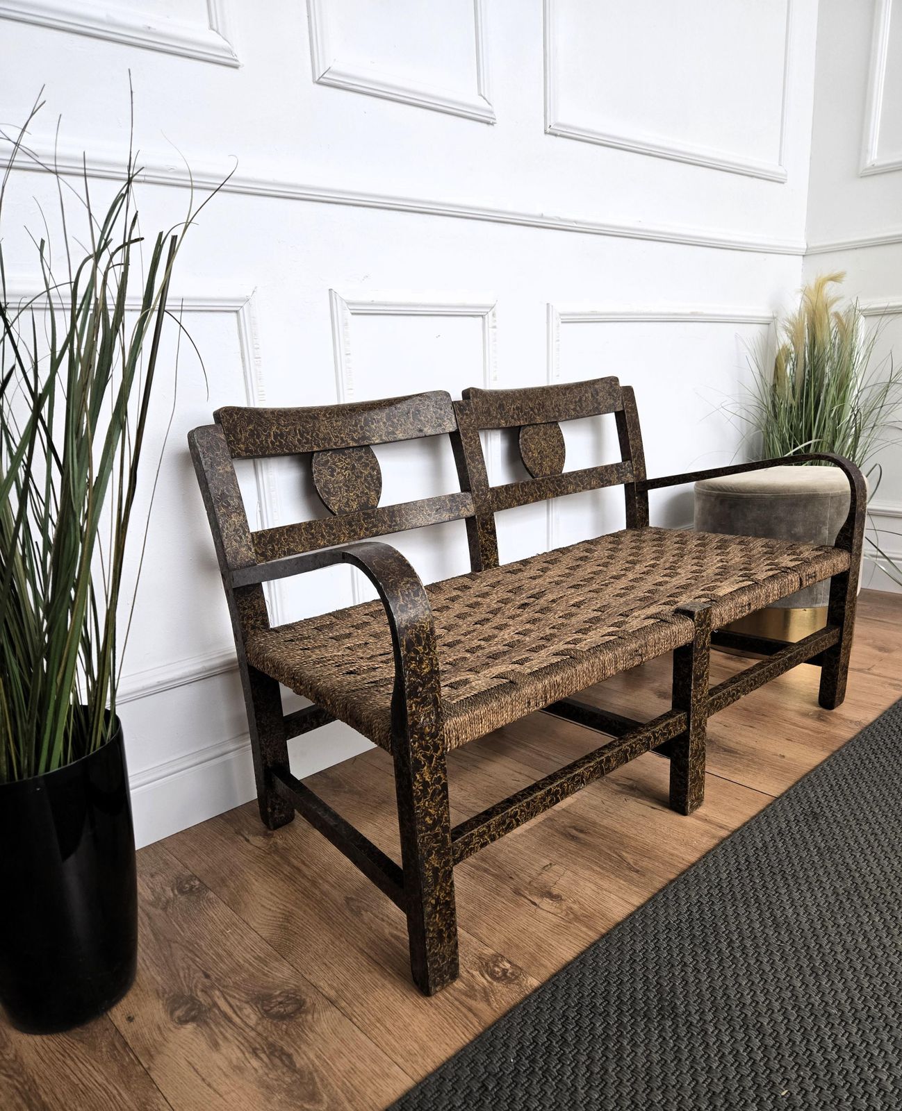 1960s Italian Midcentury Burl Wood And Cord Woven Rope Lounge Bench Armchair photo furniture