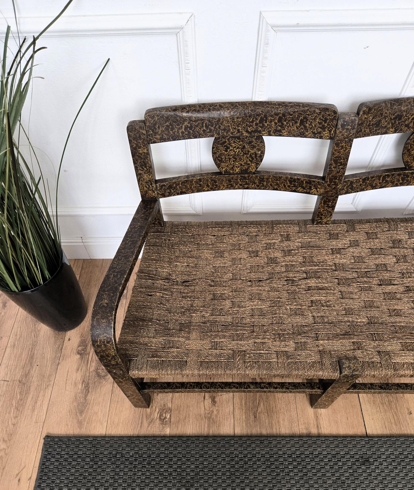 1960s Italian Midcentury Burl Wood And Cord Woven Rope Lounge Bench Armchair photo buy