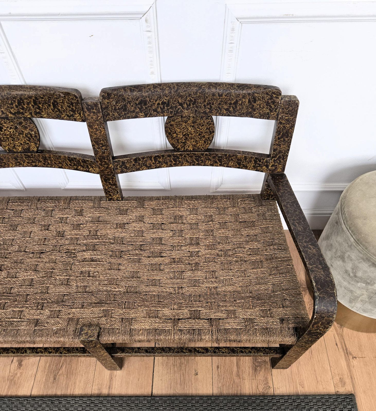 1960s Italian Midcentury Burl Wood And Cord Woven Rope Lounge Bench Armchair photo vintage