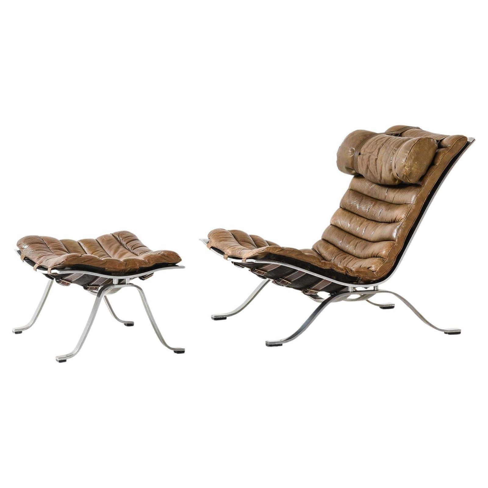 Easy Chair In Leather And Steel With Stool By Arne Norell, 1970s
