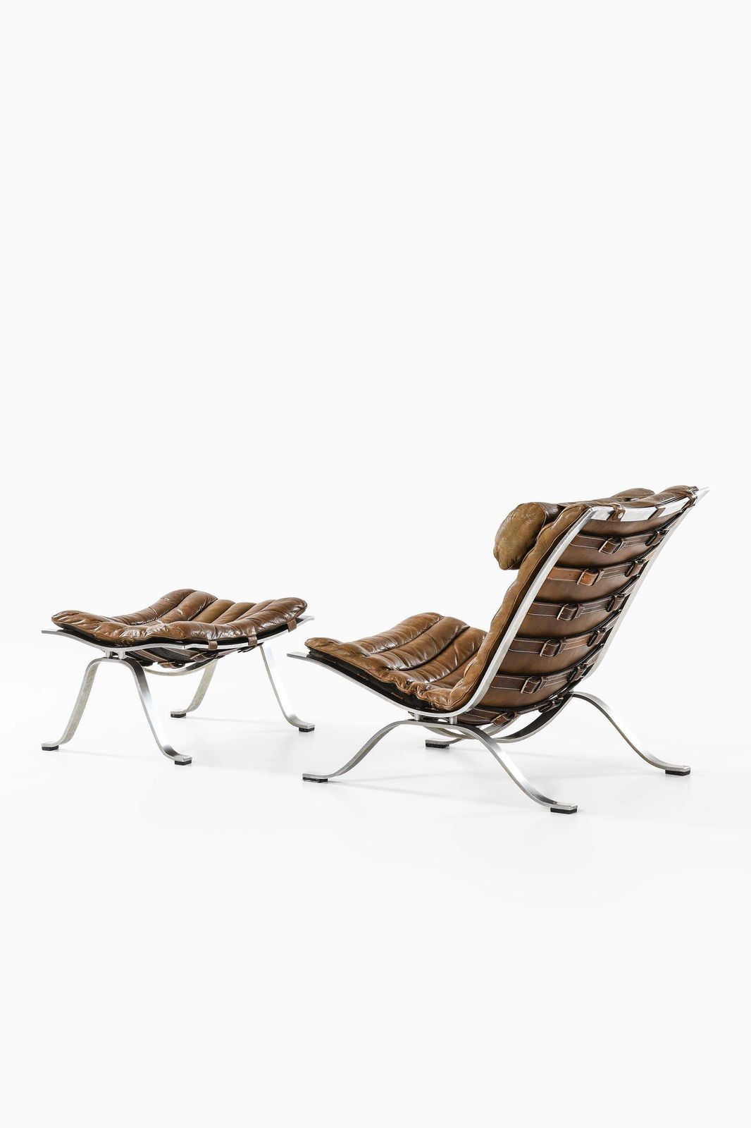 Easy Chair In Leather And Steel With Stool By Arne Norell, 1970s photo vintage