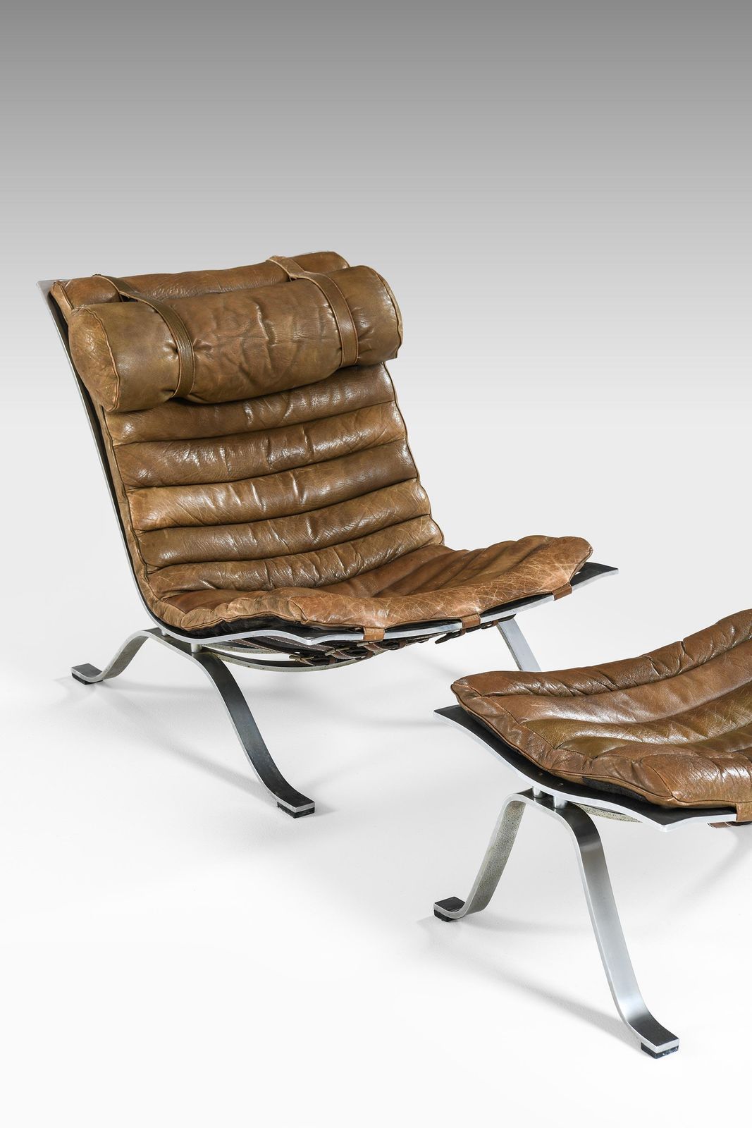 photo furniture Easy Chair In Leather And Steel With Stool By Arne Norell, 1970s