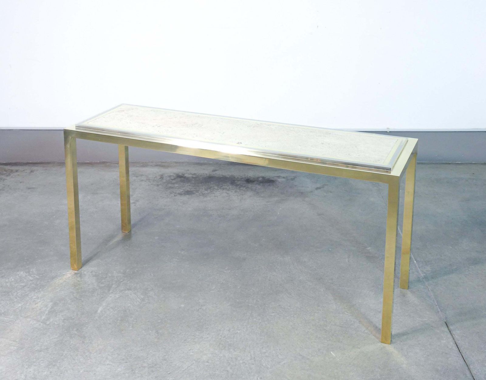 Italian Design Console Table, Made Of Chrome Plated Metal With Travertine Top. 1970s photo for sale