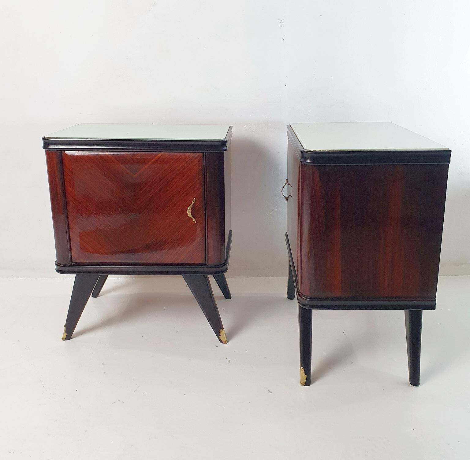 Furniture Handmade Mid Century Modern Nightstands In Walnut & Glass, Italy 1950 photo