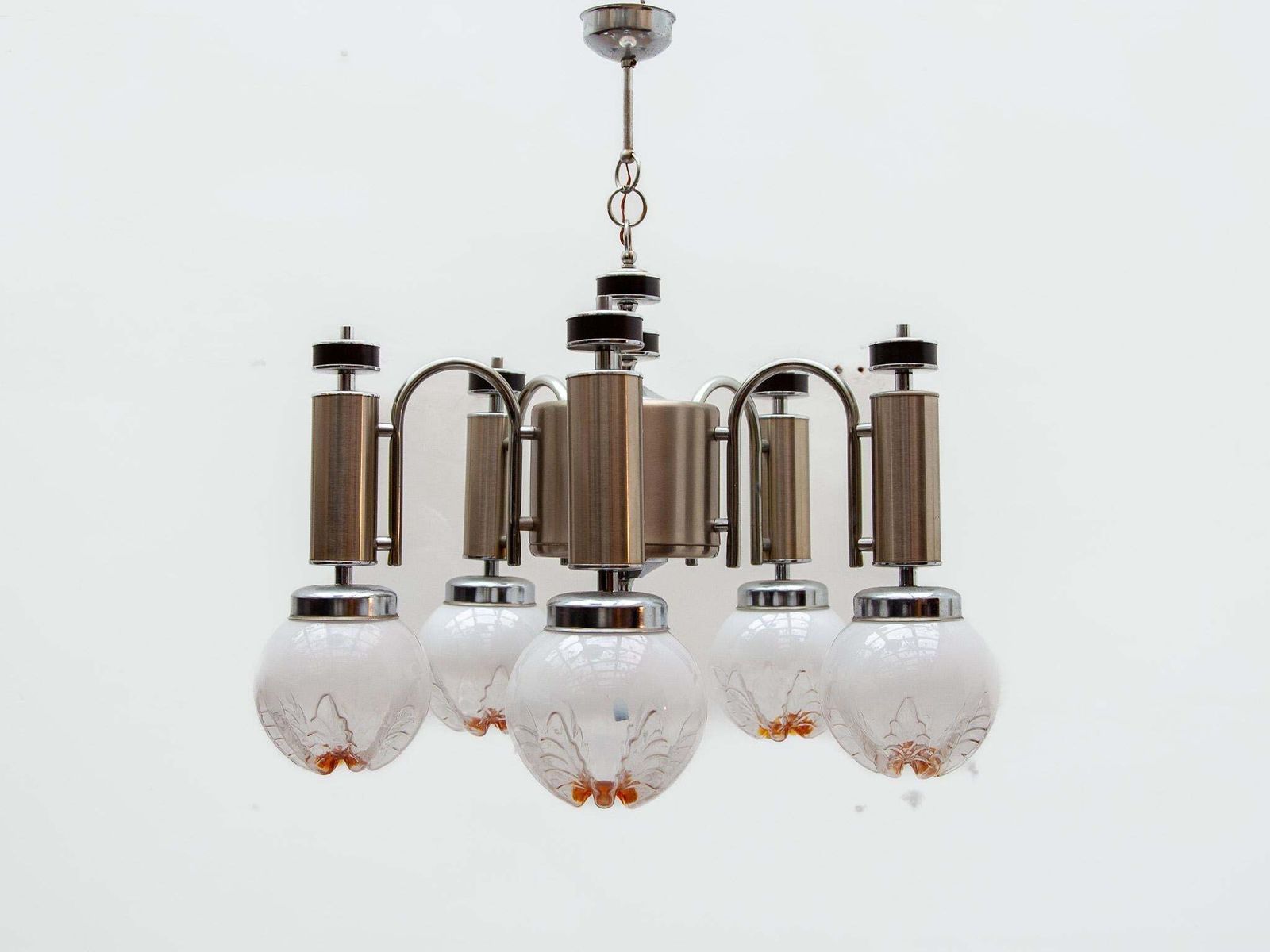 Murano Avmazzega Midcentury Five Blown Glass Globe And Chrome Chandelier, Italy photo Lighting