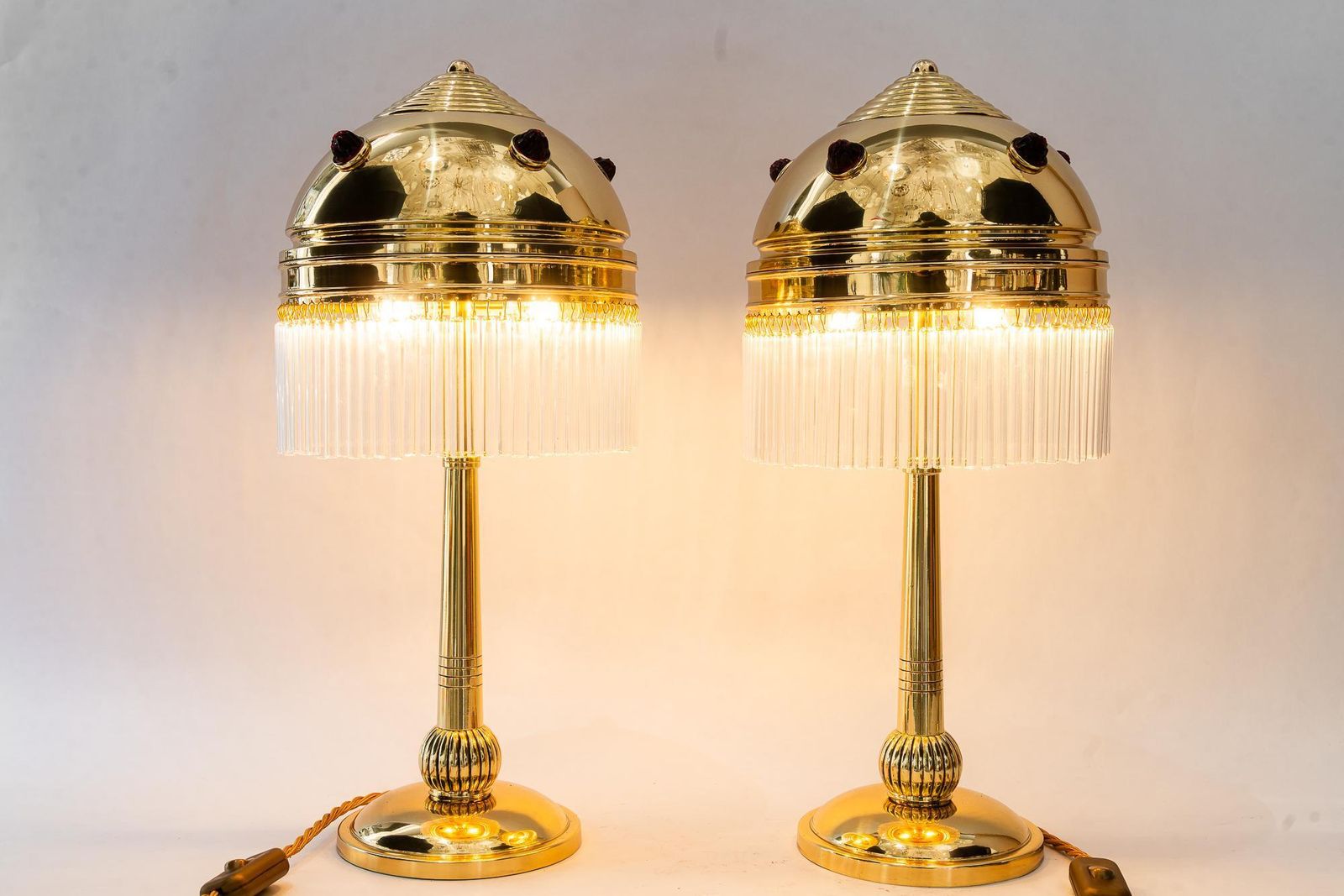photo furniture 2x Art Deco Table Lamps With Red Opaline Glass Stones Vienna Around 1920s