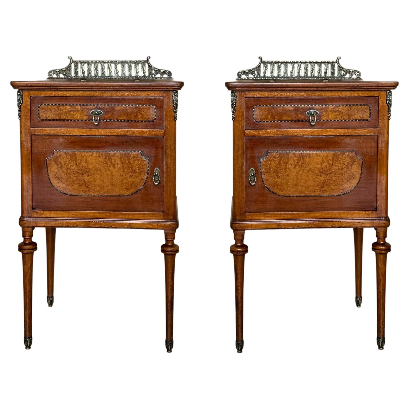 Pair Of French Mahogany Nightstands With Drawer, Door And Bronze Crest
