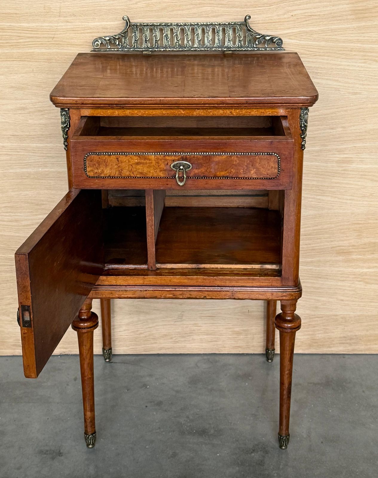 Pair Of French Mahogany Nightstands With Drawer, Door And Bronze Crest photo vinterior
