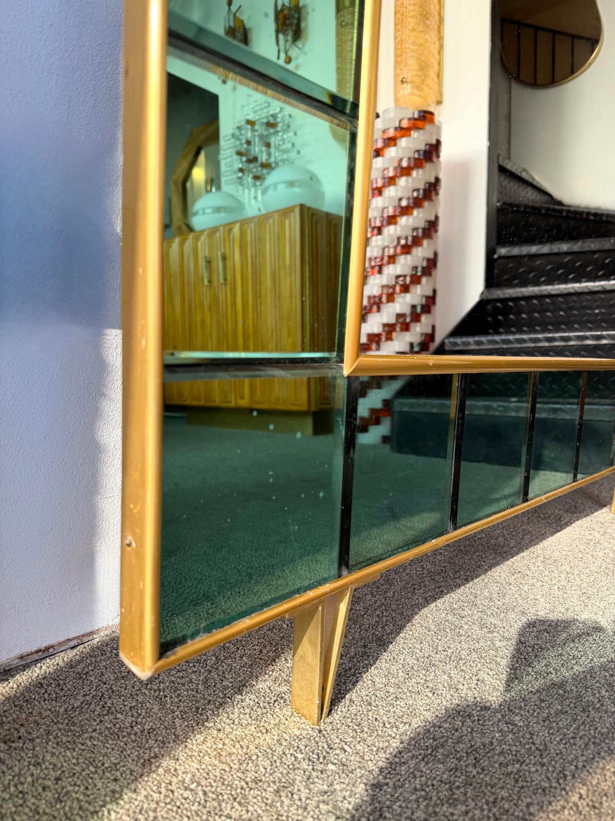 Extra Large Floor Mirror Green Glass And Brass By Cristal Art Italy, 1960s photo buy