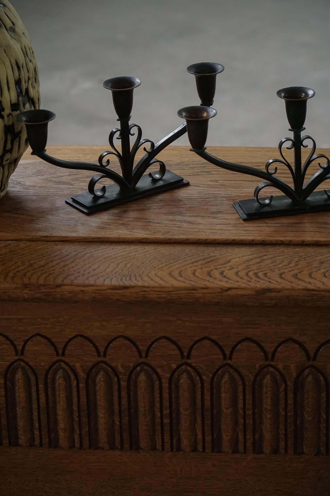 Early 20th Century, Pair Of Art Deco Danish Metal Three Arm Candelabra, 1930s photo vintage
