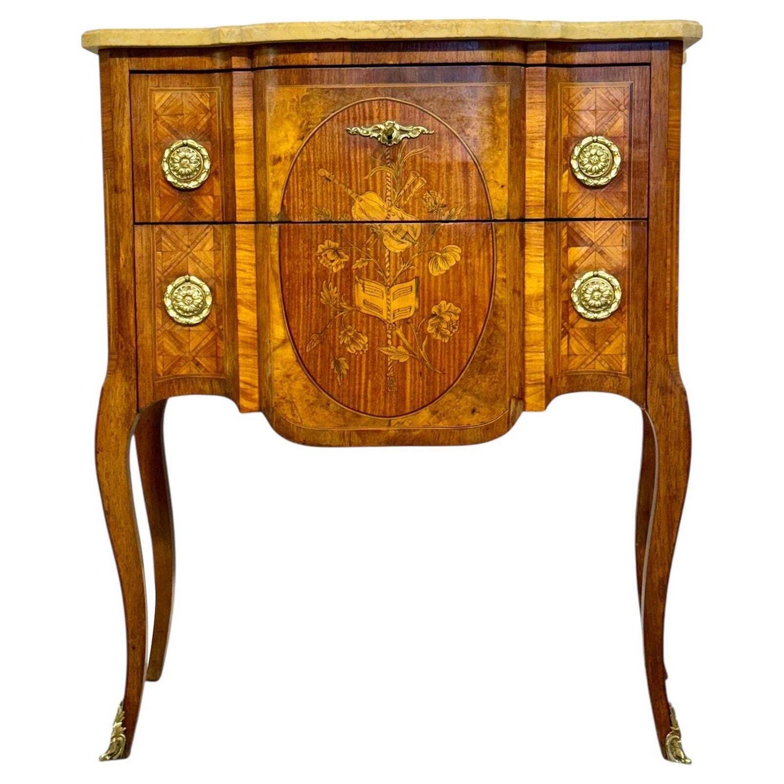 French Louis XV Style Marquetry Commode With Marble Top, Late 19th Century