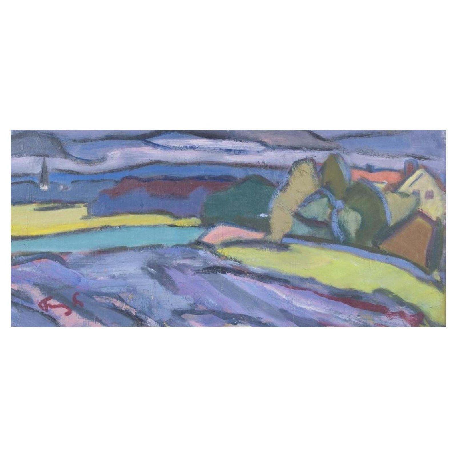 Swedish Artist. Oil On Board. Rural Scenery With Houses. Ca. 1960s