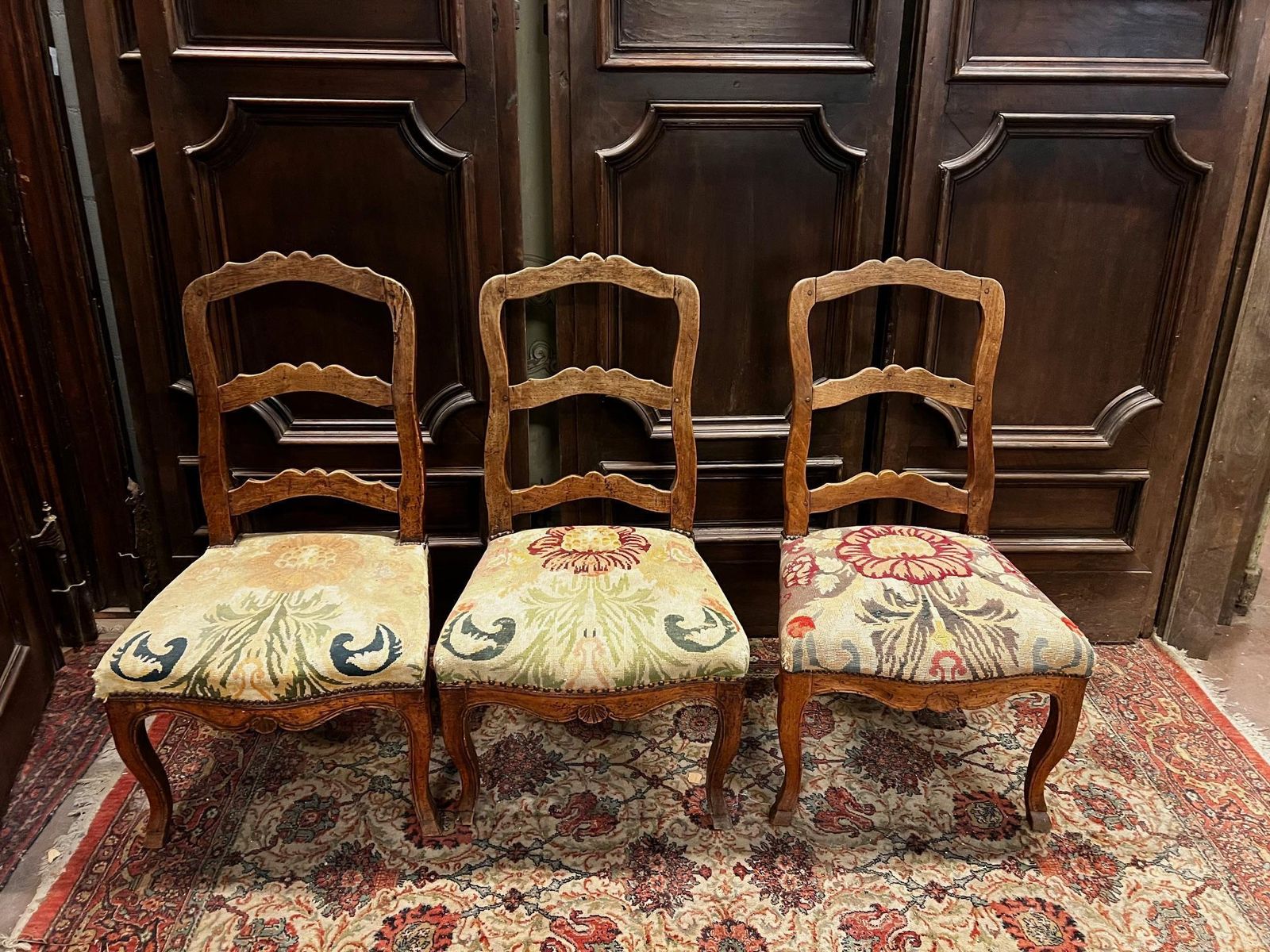 Set Of No.6 Walnut Chairs, Floral Upholstery, Italy photo Furniture