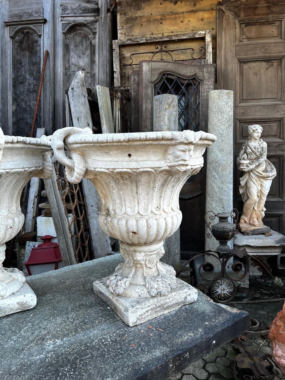 Set Of 4 Composite Stone Bowl Vases With Masks And Carved Decorations photo 3965.0