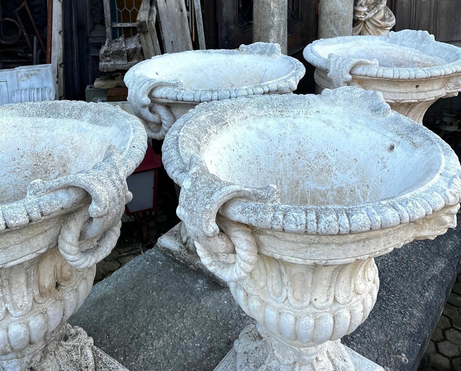 Set Of 4 Composite Stone Bowl Vases With Masks And Carved Decorations photo buy