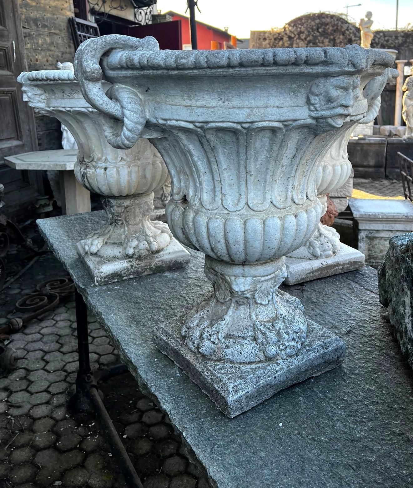 Set Of 4 Composite Stone Bowl Vases With Masks And Carved Decorations photo vintage