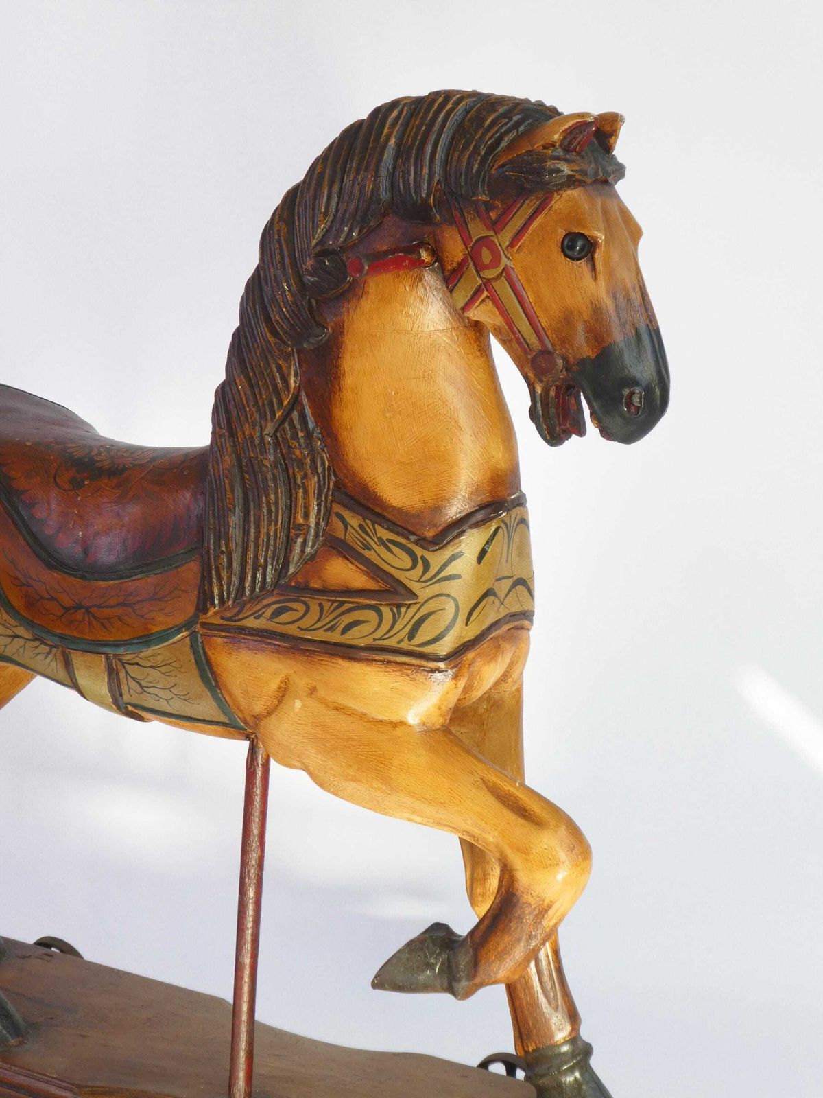 Large Old Wooden Rocking Horse With Glass Eyes, Carved Old Figurine On Wheels, Art Object photo Home Decor