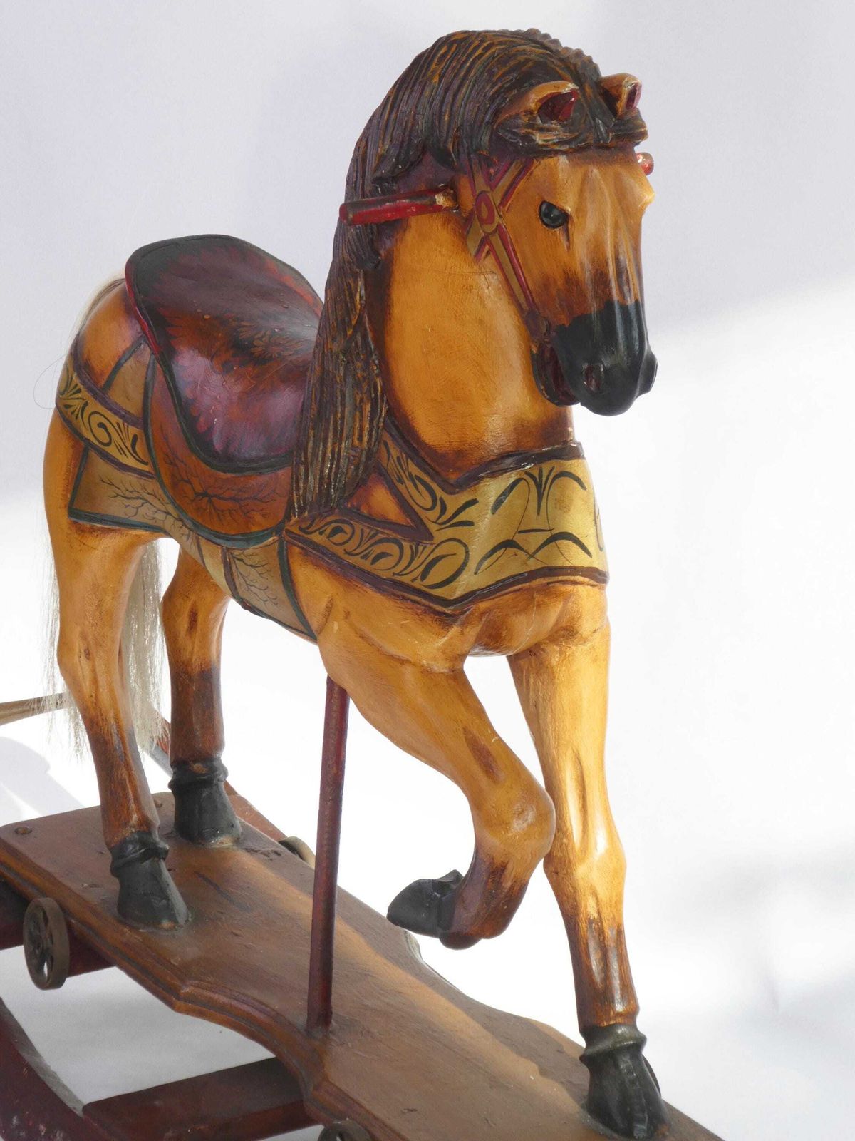 Large Old Wooden Rocking Horse With Glass Eyes, Carved Old Figurine On Wheels, Art Object photo vinterior
