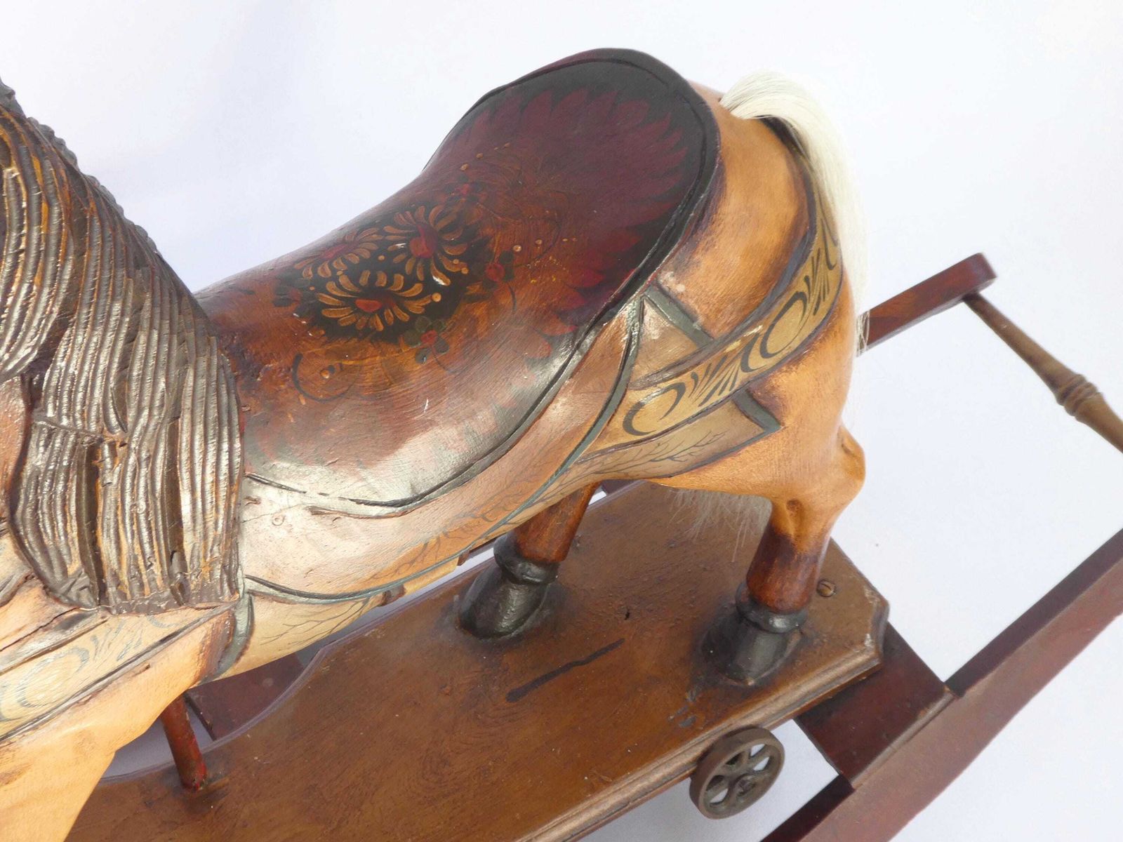 Large Old Wooden Rocking Horse With Glass Eyes, Carved Old Figurine On Wheels, Art Object photo vintage