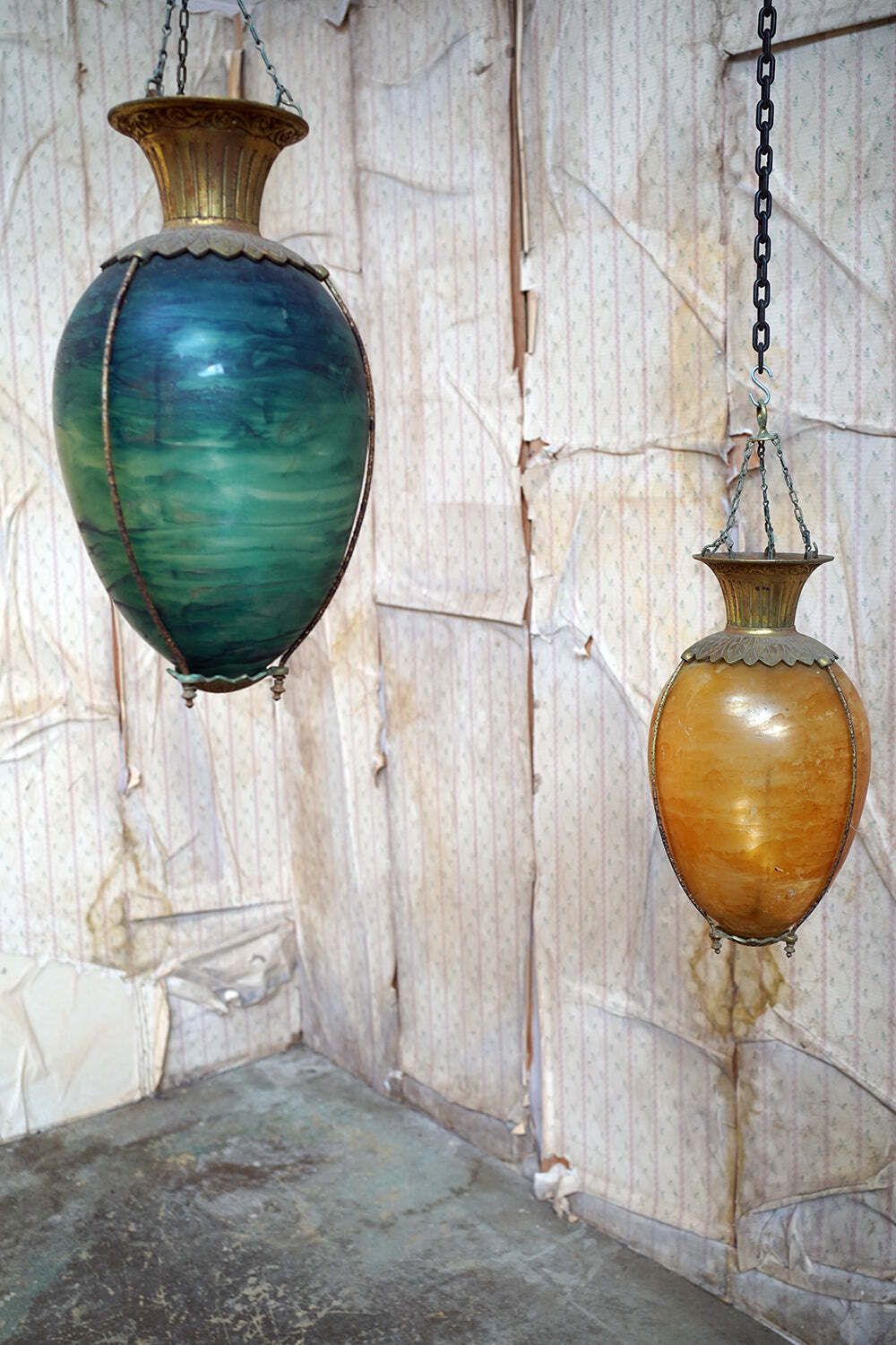 A Pair Of Patented Gilt Metal Mounted & Painted Glass Hanging Apothecary Display Carboys C.1891 photo furniture
