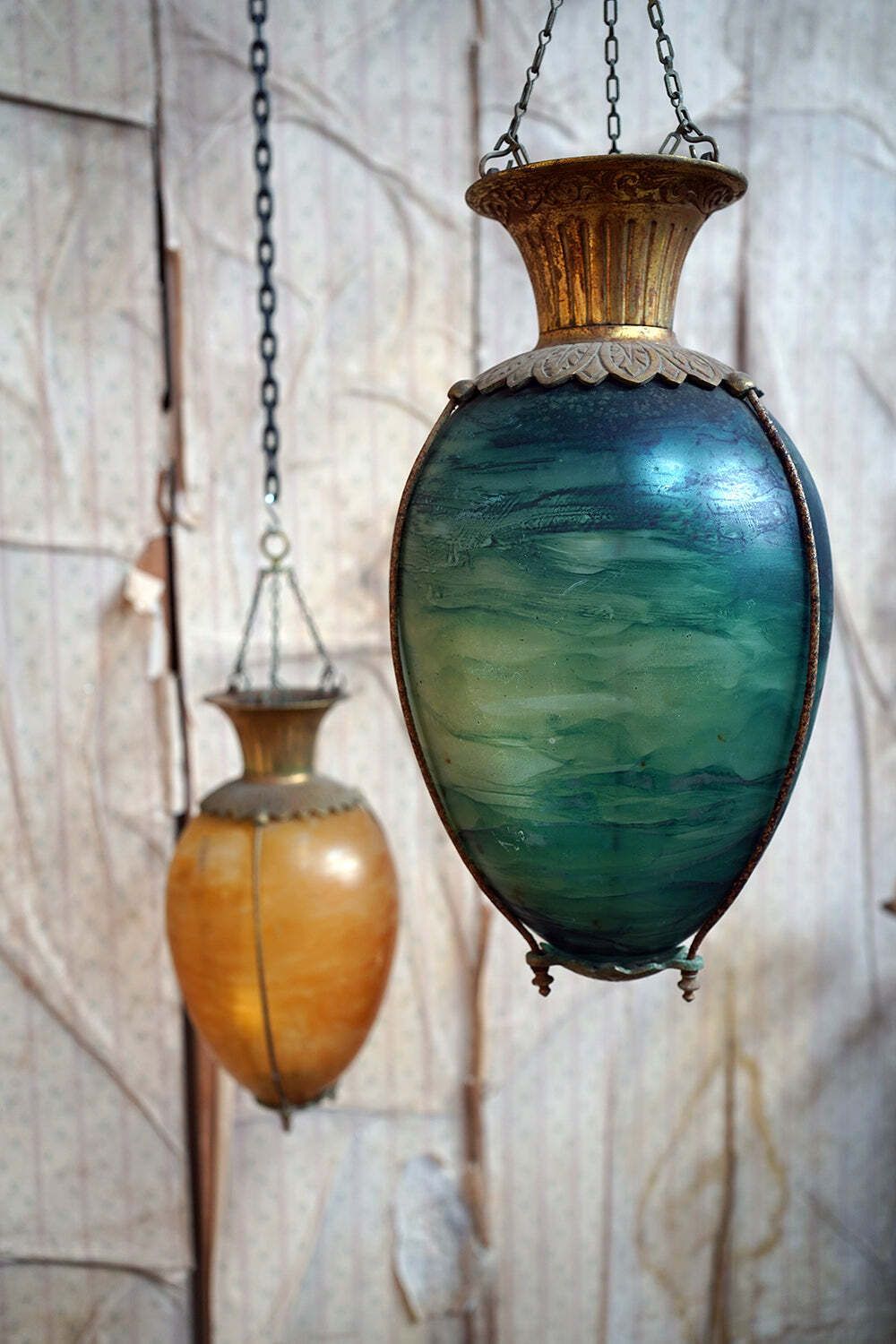 A Pair Of Patented Gilt Metal Mounted & Painted Glass Hanging Apothecary Display Carboys C.1891 photo for sale