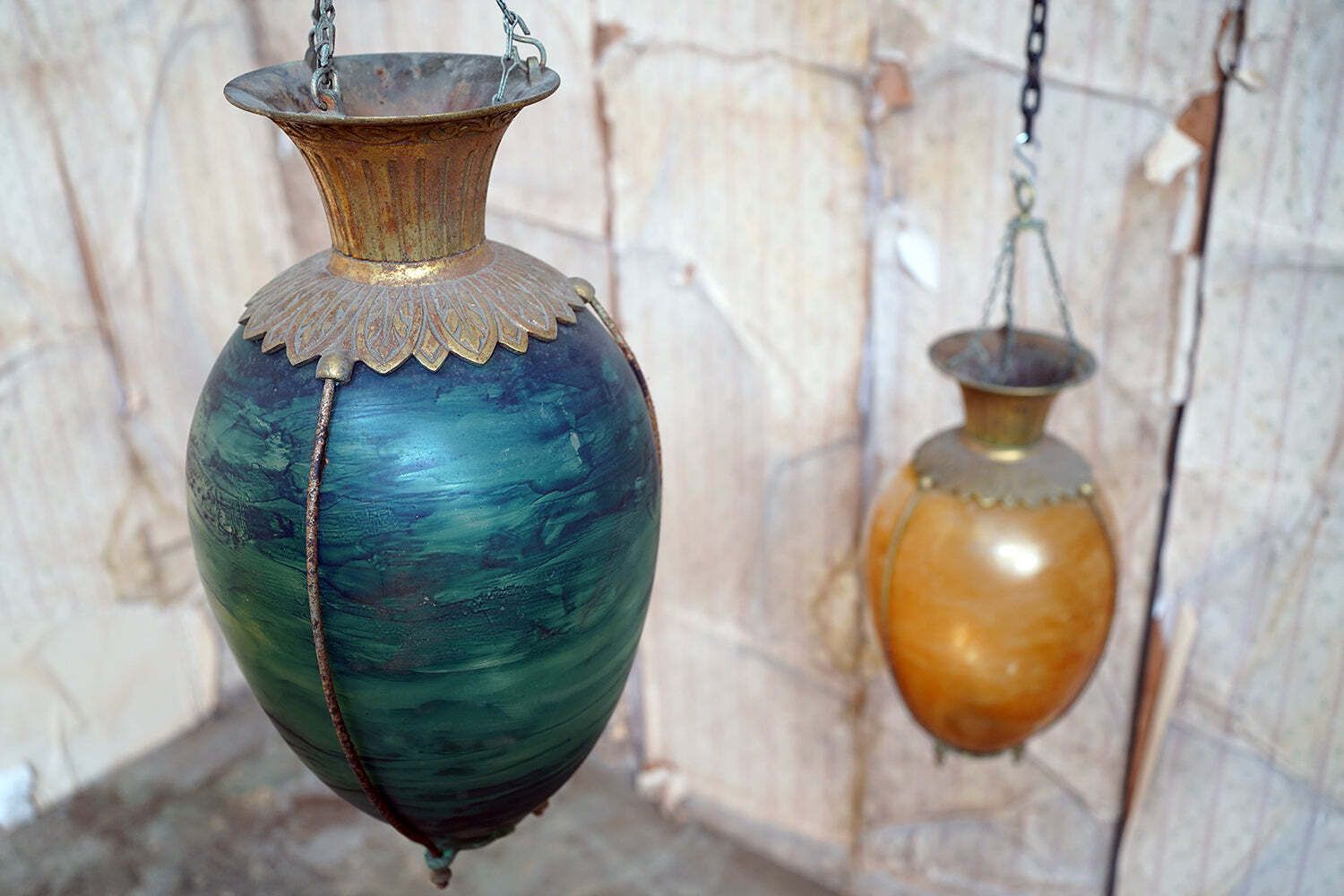 A Pair Of Patented Gilt Metal Mounted & Painted Glass Hanging Apothecary Display Carboys C.1891 photo Lighting
