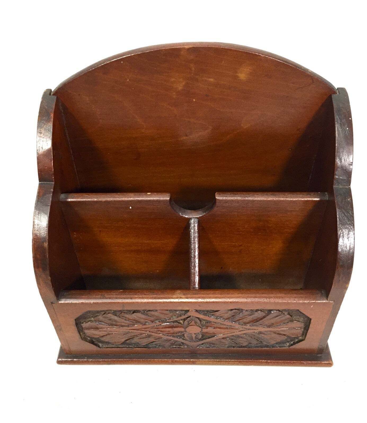 Antique Wooden Hand Carved Desktop Letter Rack / Stationery Holder C.1930 photo for sale