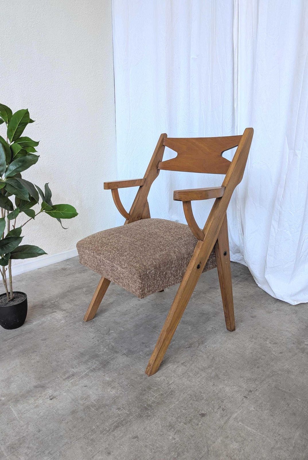 Vintage Wooden Armchair / 1970s Scandinavian Lounge Chair With Springs / Retro Fabric