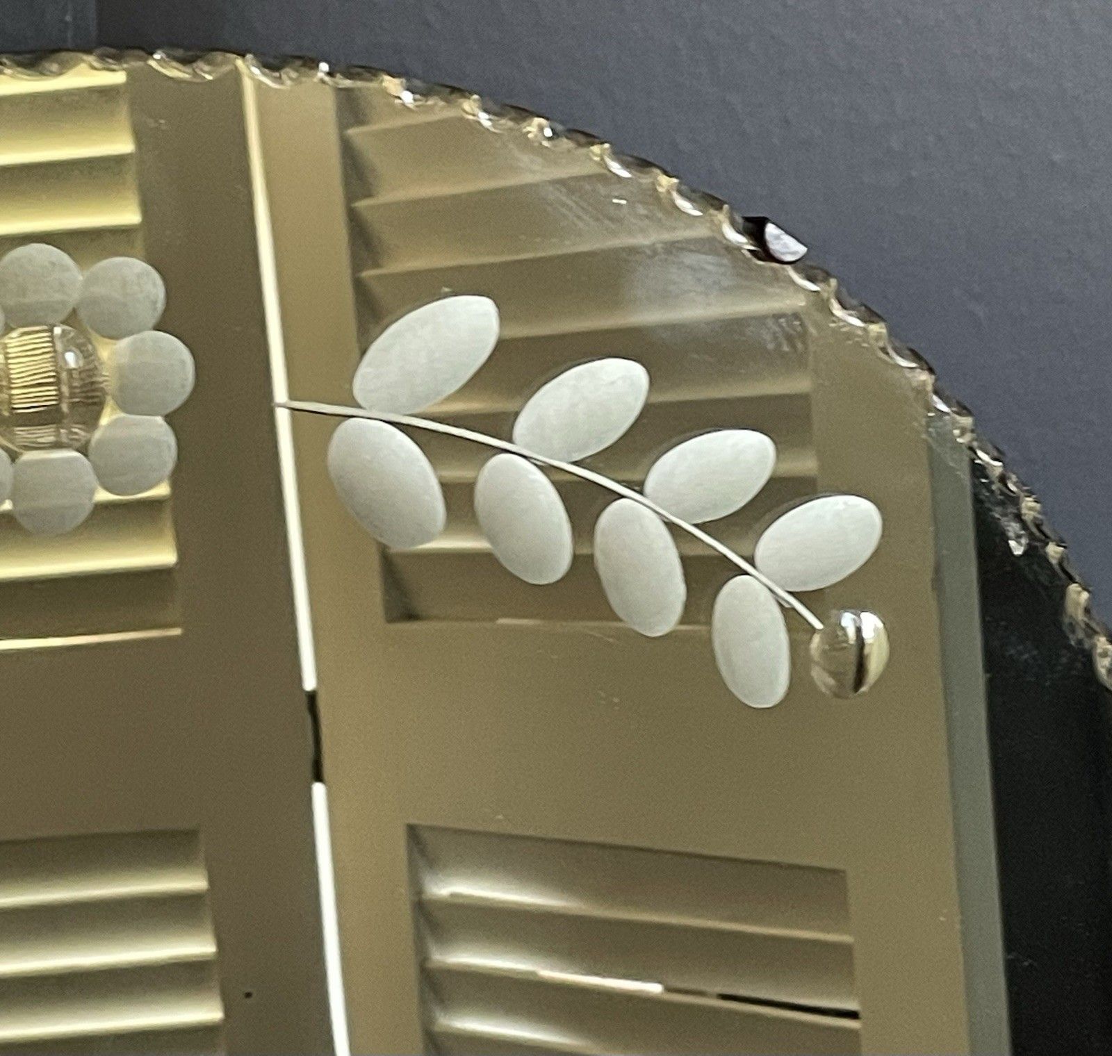 Antique Art Deco Round Mirror Pie Crust Edge Floral Design With Sorcerer’s Spots photo for sale
