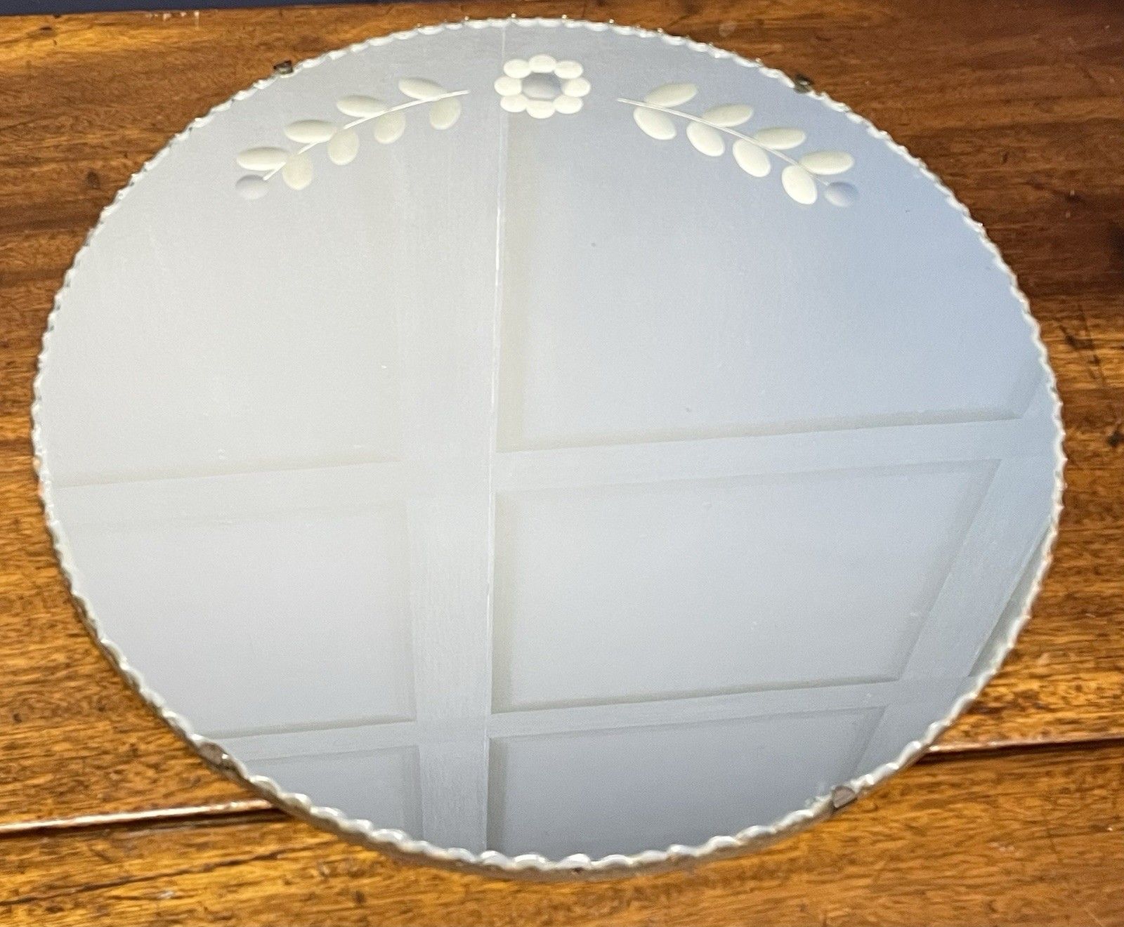 photo for sale Antique Art Deco Round Mirror Pie Crust Edge Floral Design With Sorcerer’s Spots