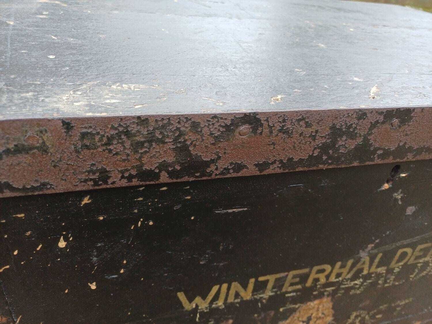 photo vinterior Antique Painted Pine Military Trunk Winterhauder Sussex Regiment Travel Chest Storage Box Coffee Table Vintage Ww1 Style
