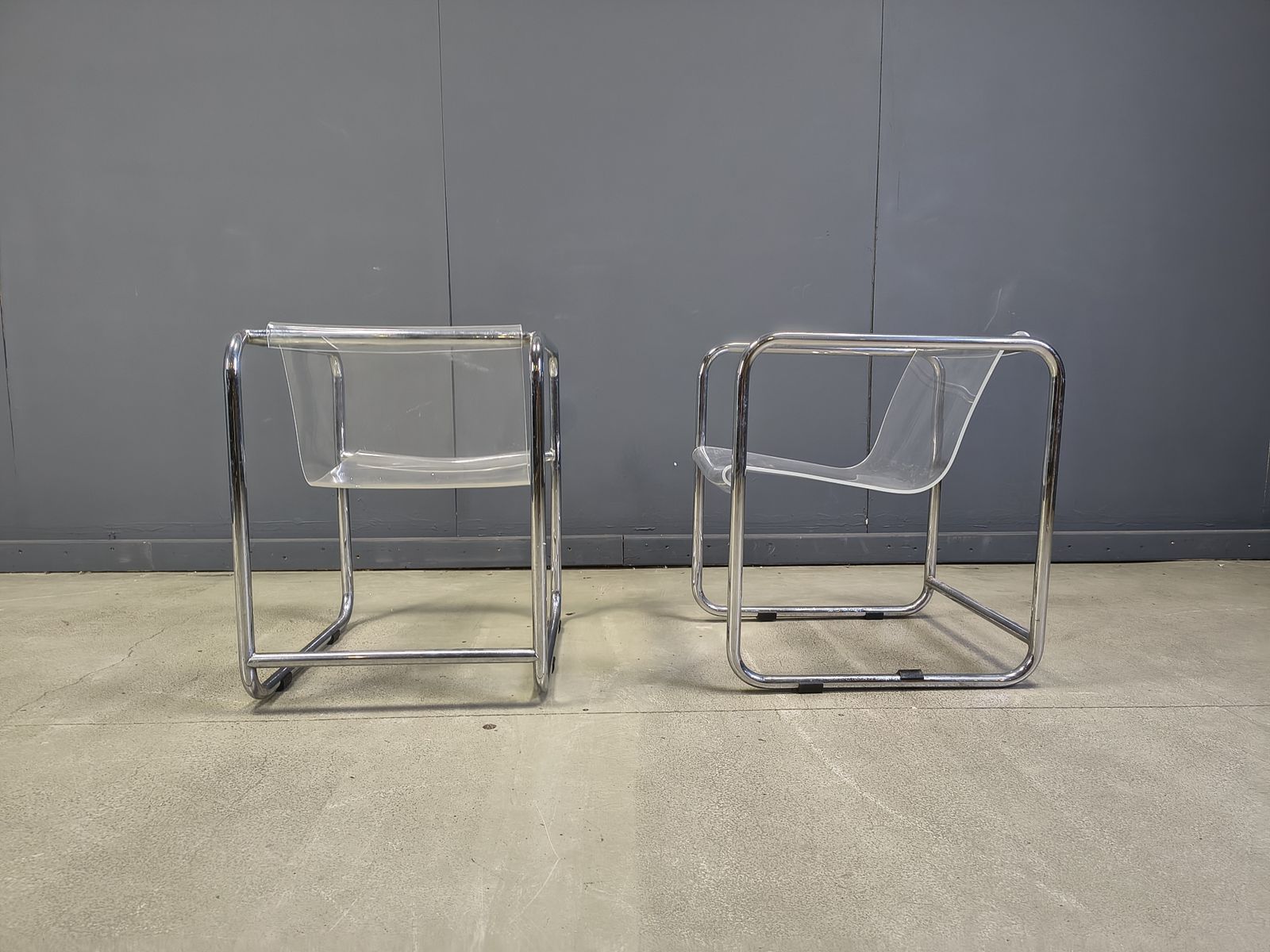 Pair Of Plexiglass And Tubular Chrome Armchairs, 1970s photo for sale