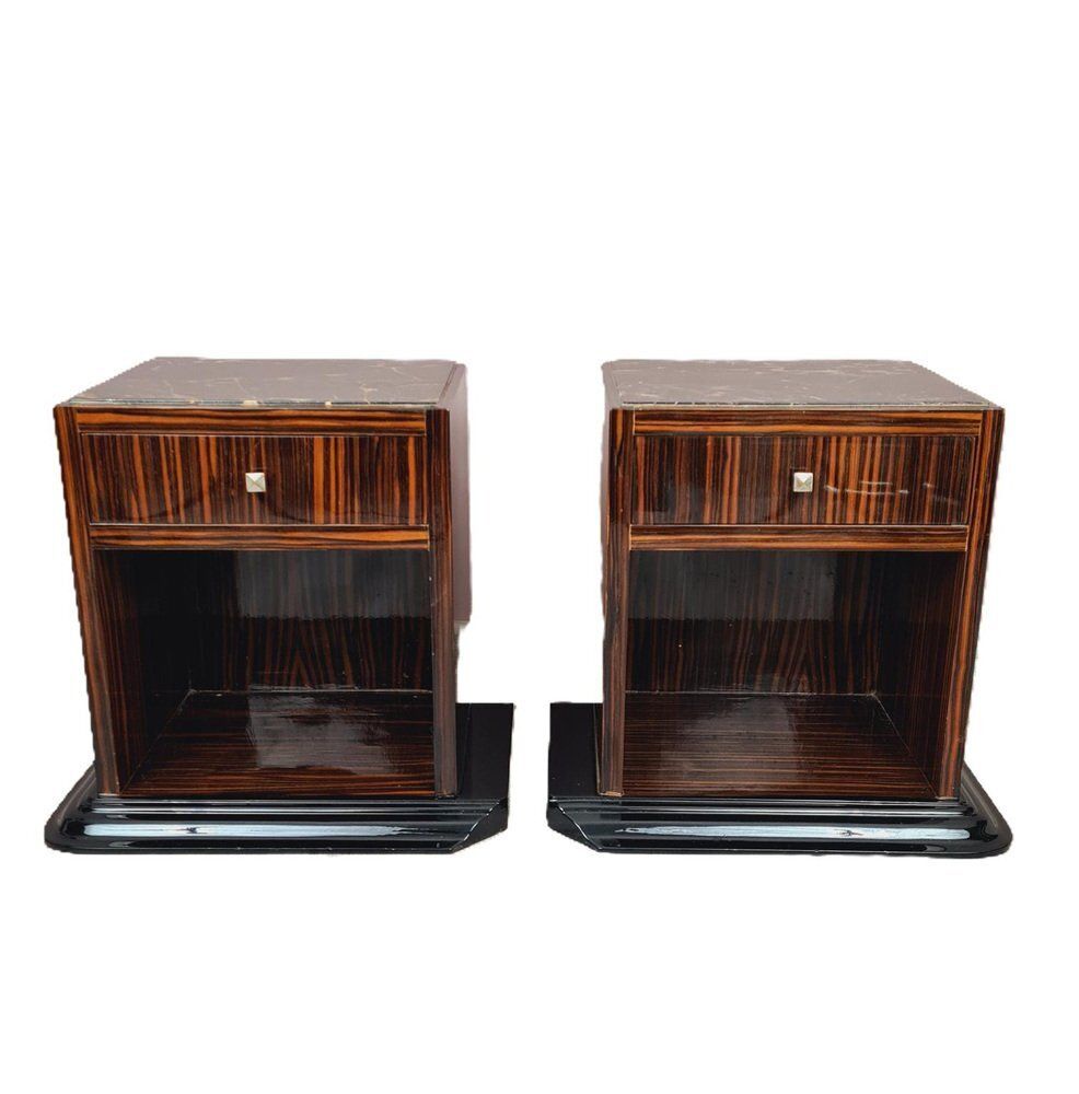 Art Deco Bedside Tables In Makassar Ebony And Portoro Marble, 1930s, Set Of 2