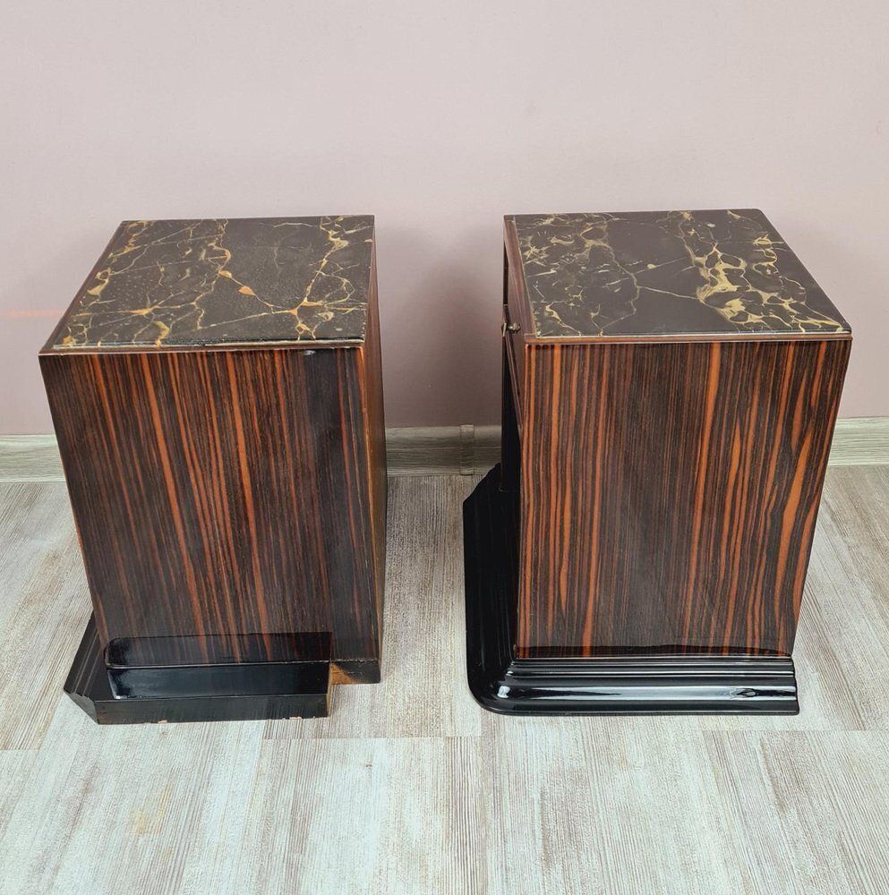 photo vinterior Art Deco Bedside Tables In Makassar Ebony And Portoro Marble, 1930s, Set Of 2