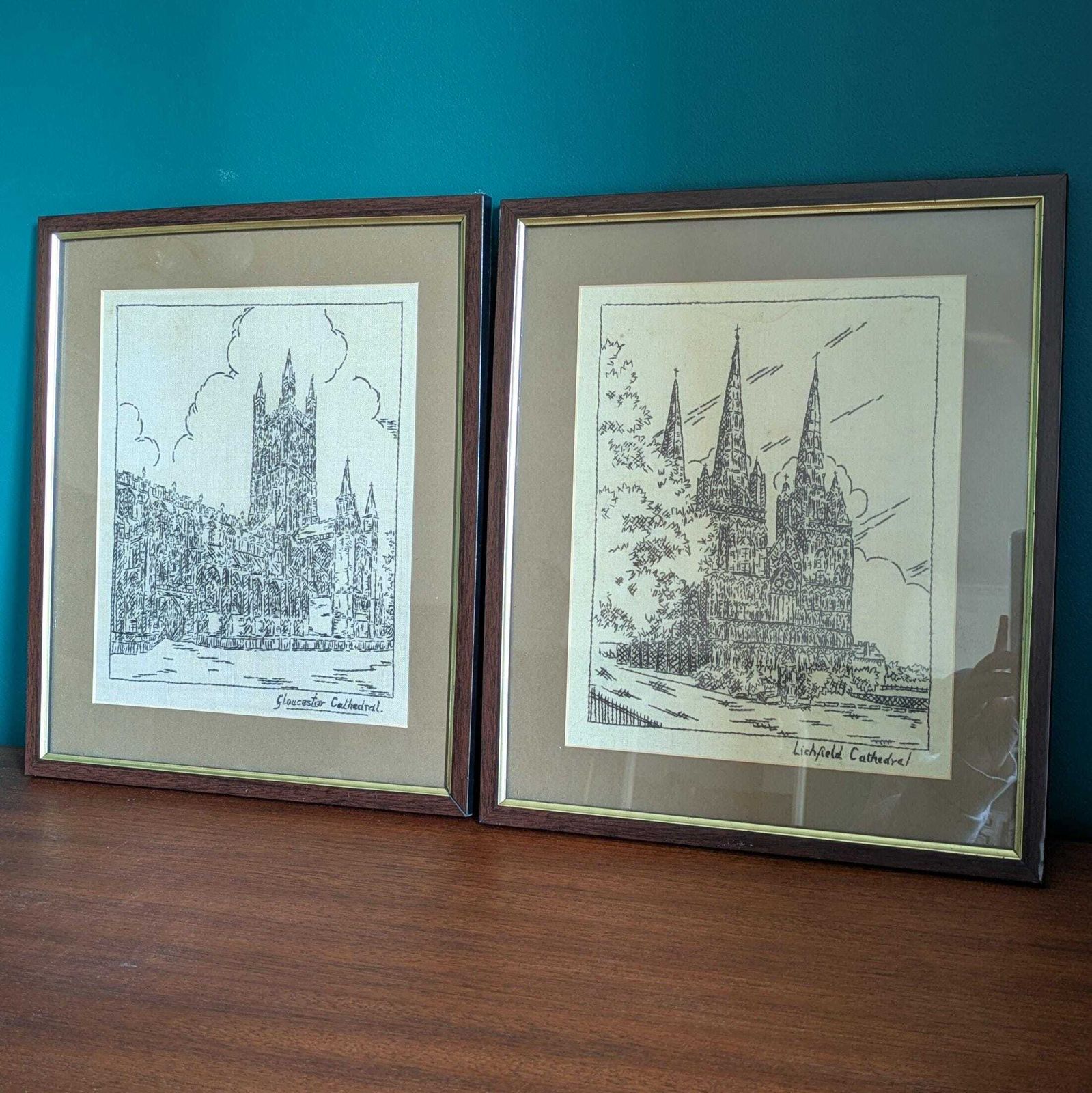 Vintage Cathedral Embroidery Wall Art – Gloucester & Lichfield Cathedrals – Framed Needlework Picture Pair – English Architecture Decor