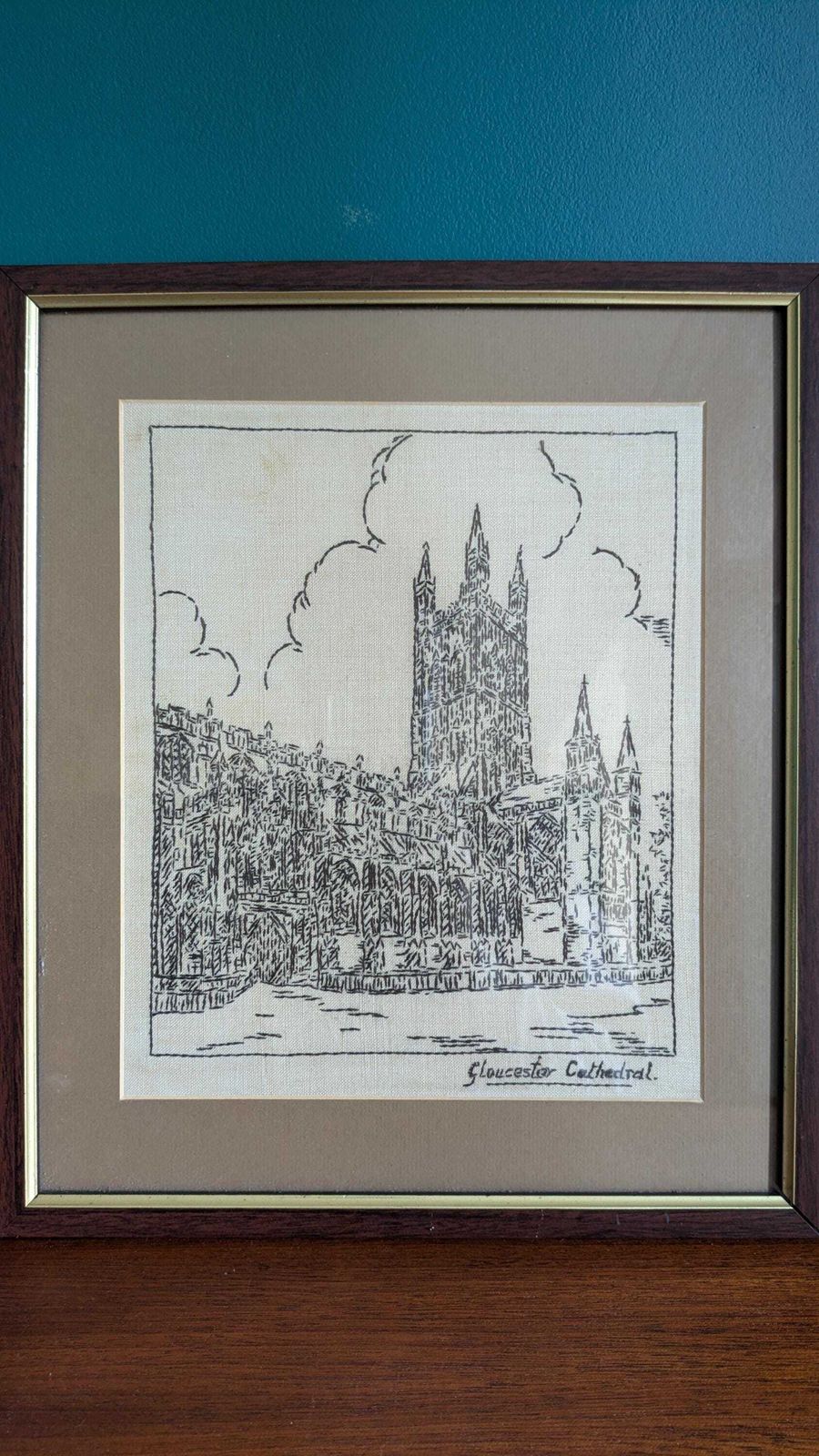 Vintage Cathedral Embroidery Wall Art – Gloucester & Lichfield Cathedrals – Framed Needlework Picture Pair – English Architecture Decor photo furniture