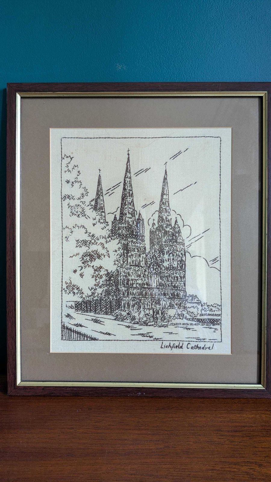 Vintage Cathedral Embroidery Wall Art – Gloucester & Lichfield Cathedrals – Framed Needlework Picture Pair – English Architecture Decor photo vinterior