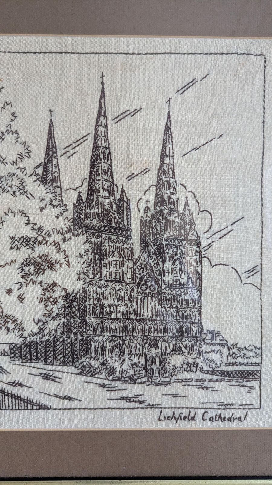 Vintage Cathedral Embroidery Wall Art – Gloucester & Lichfield Cathedrals – Framed Needlework Picture Pair – English Architecture Decor photo vintage