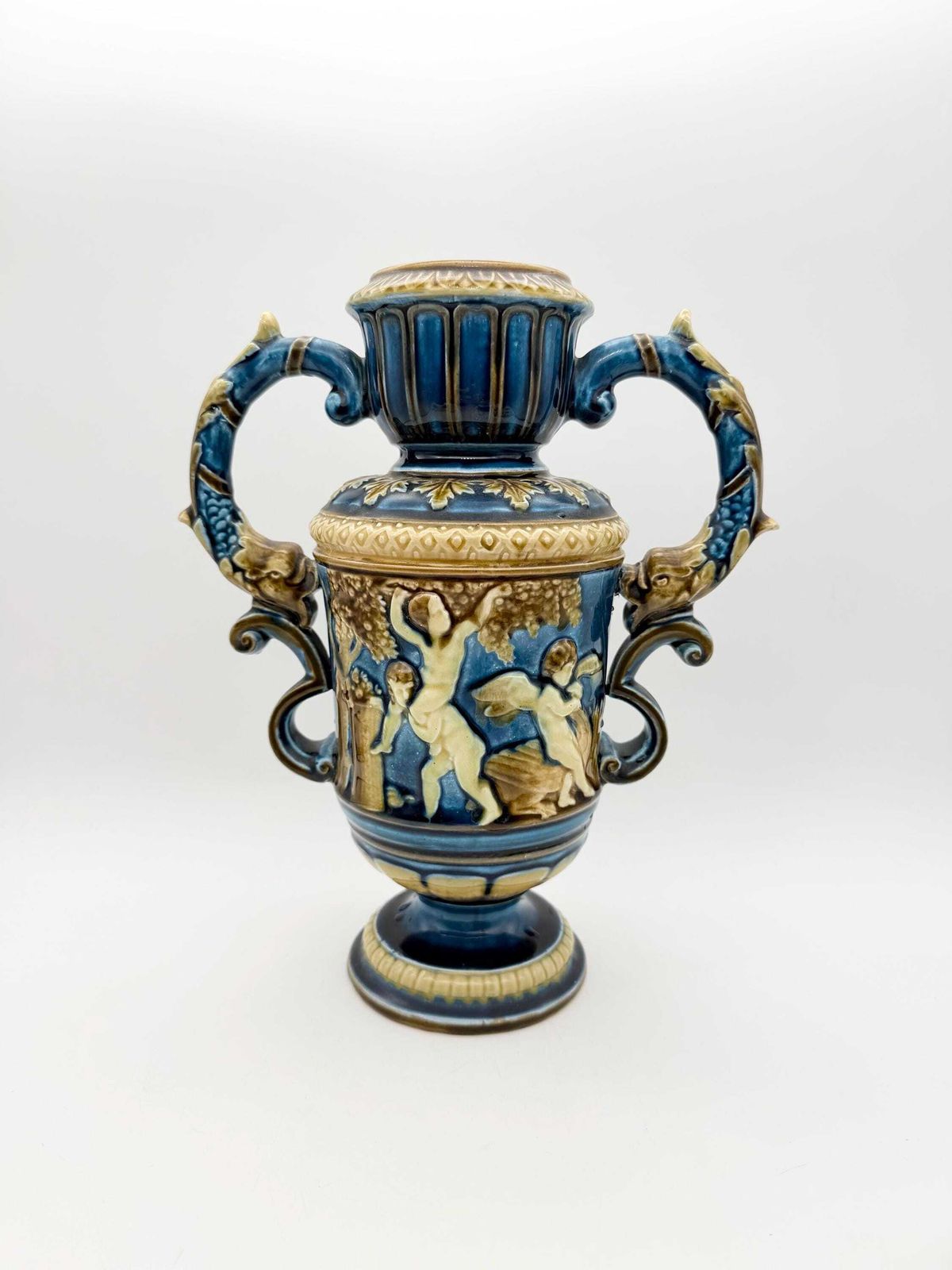 Antique Continental Majolica Vase, Schutz Blansko Cherub Putti Vase Circa 1900 photo for sale