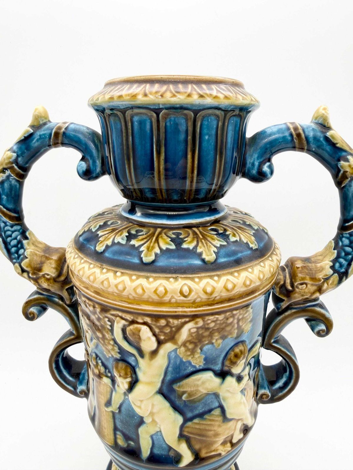Antique Continental Majolica Vase, Schutz Blansko Cherub Putti Vase Circa 1900 photo 684.0