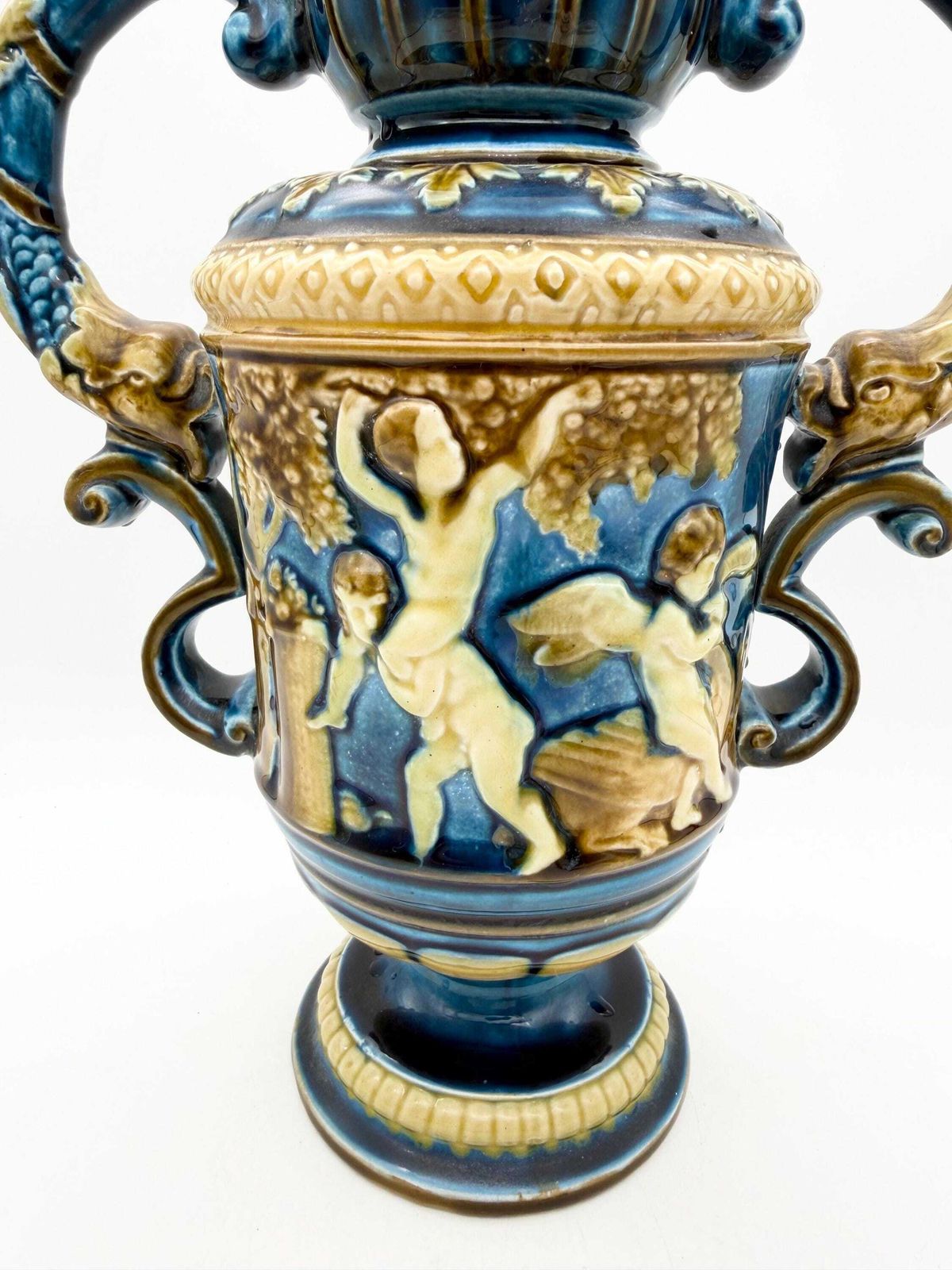 Antique Continental Majolica Vase, Schutz Blansko Cherub Putti Vase Circa 1900 photo vinterior