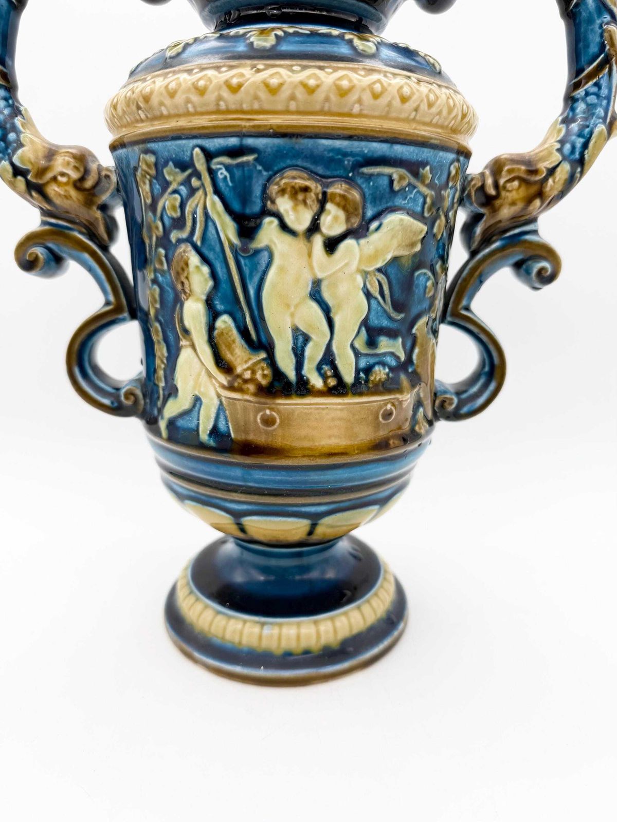 Home Decor Antique Continental Majolica Vase, Schutz Blansko Cherub Putti Vase Circa 1900 photo
