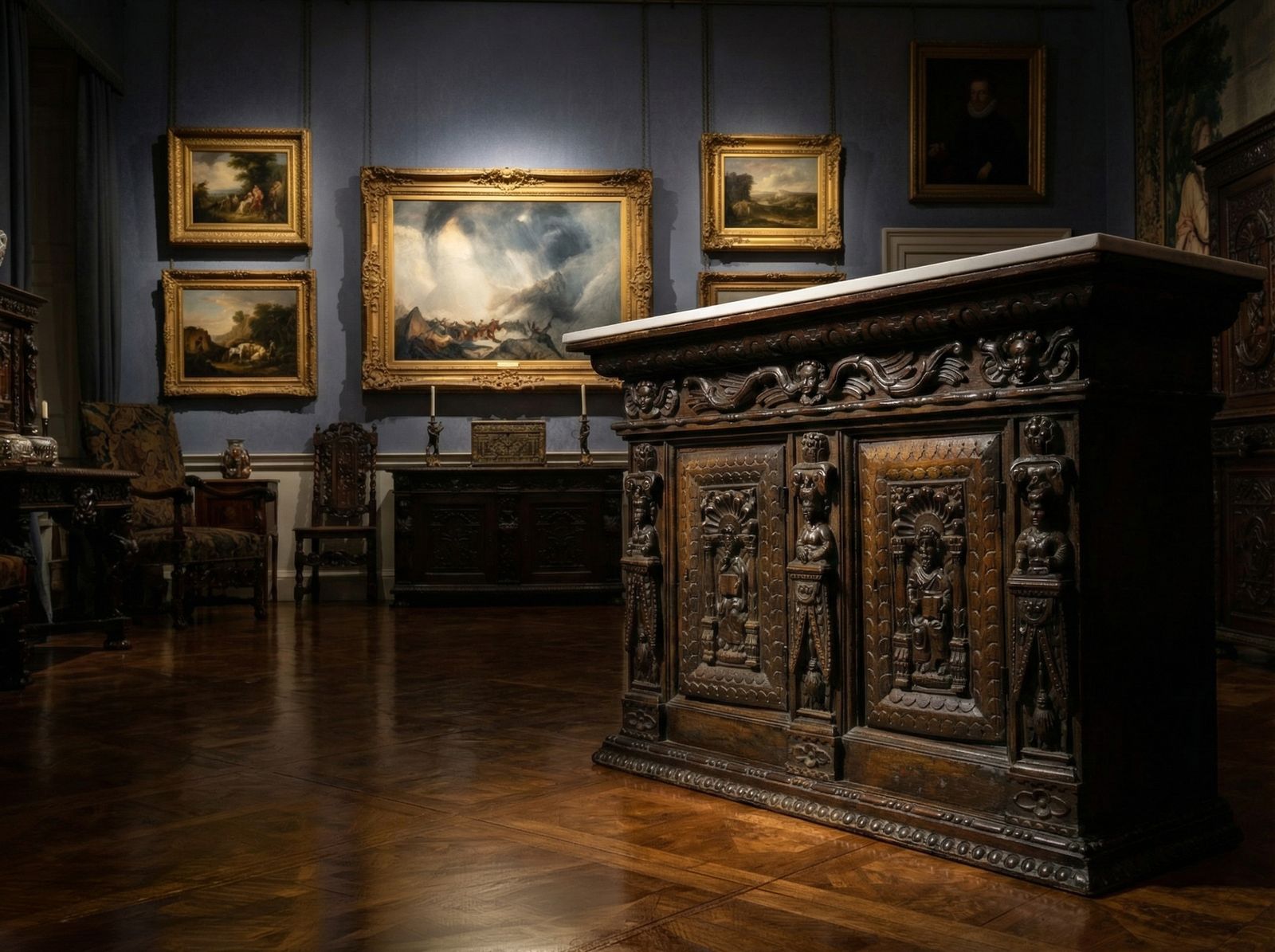 photo furniture Early 17th Century Figural Carved Oak Livery Cupboard C. 1620