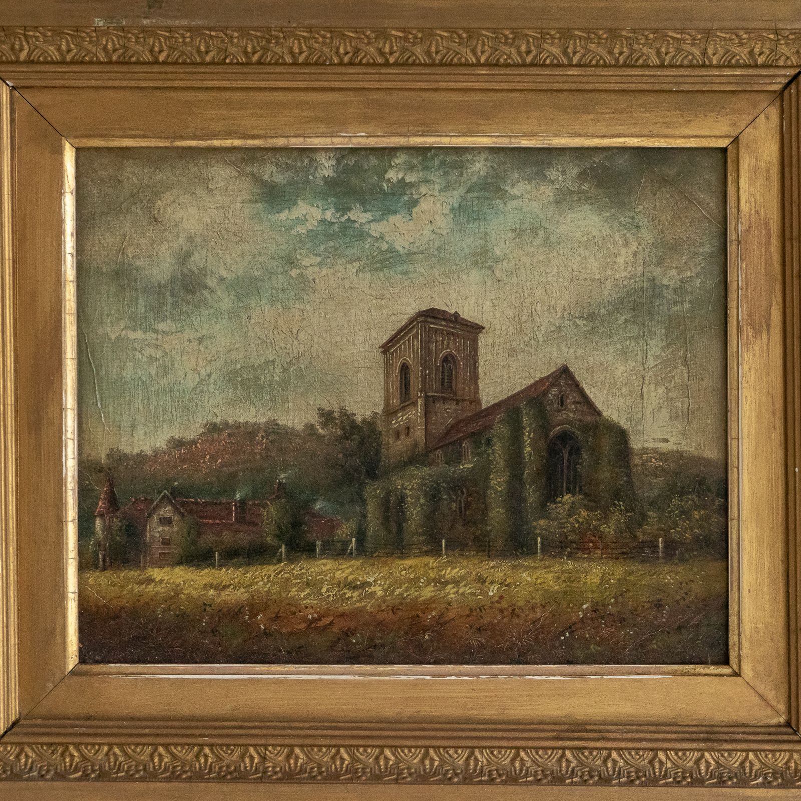 Framed Oil Painting Of A Church photo for sale