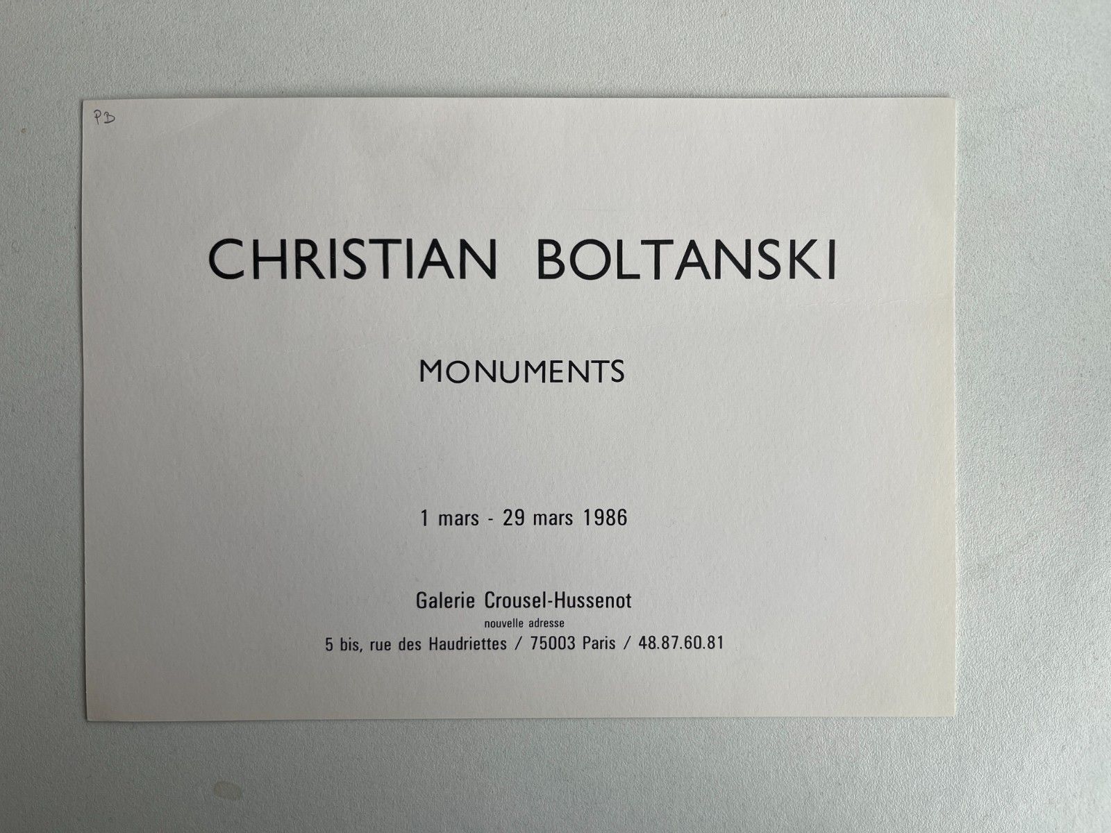 Christian Boltanski Monuments Galerie Crousel 1986 Expo Invitation Card Vf