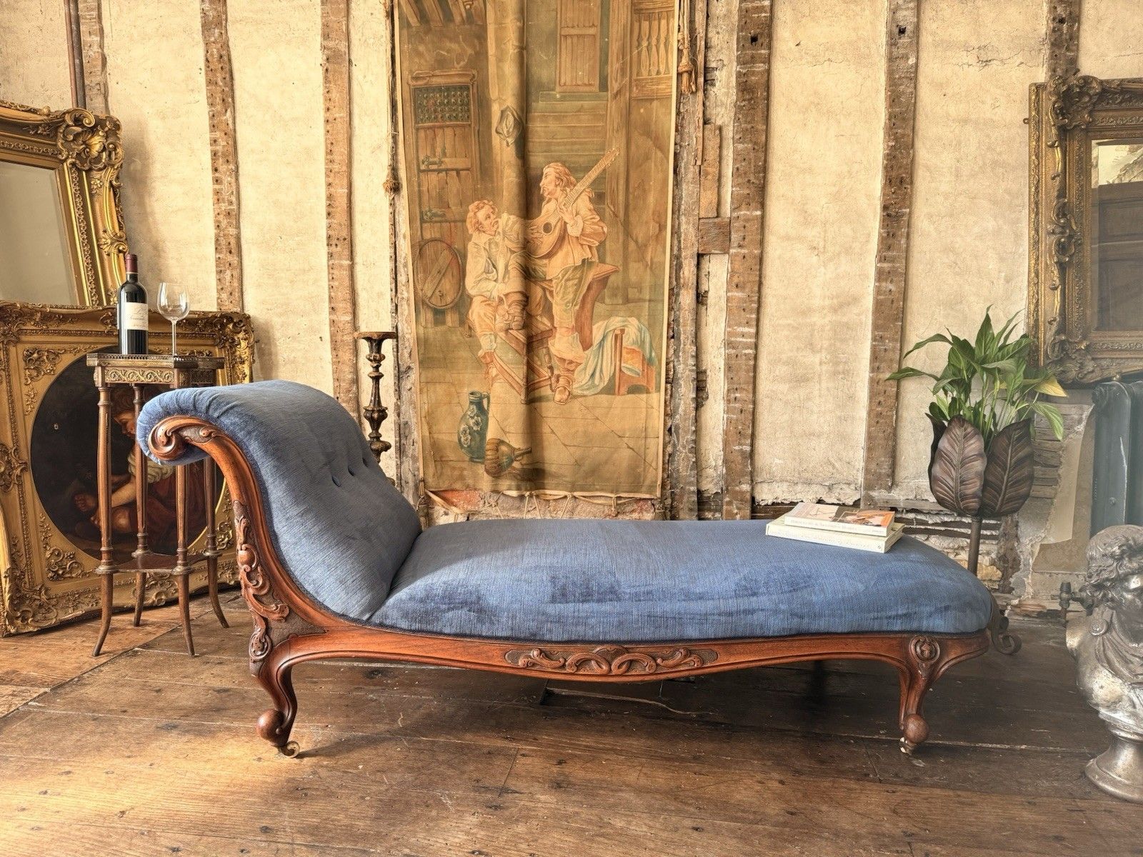 Rare Elegant Antique Walnut Carved Blue Statement French Chaise Longue Daybed photo for sale