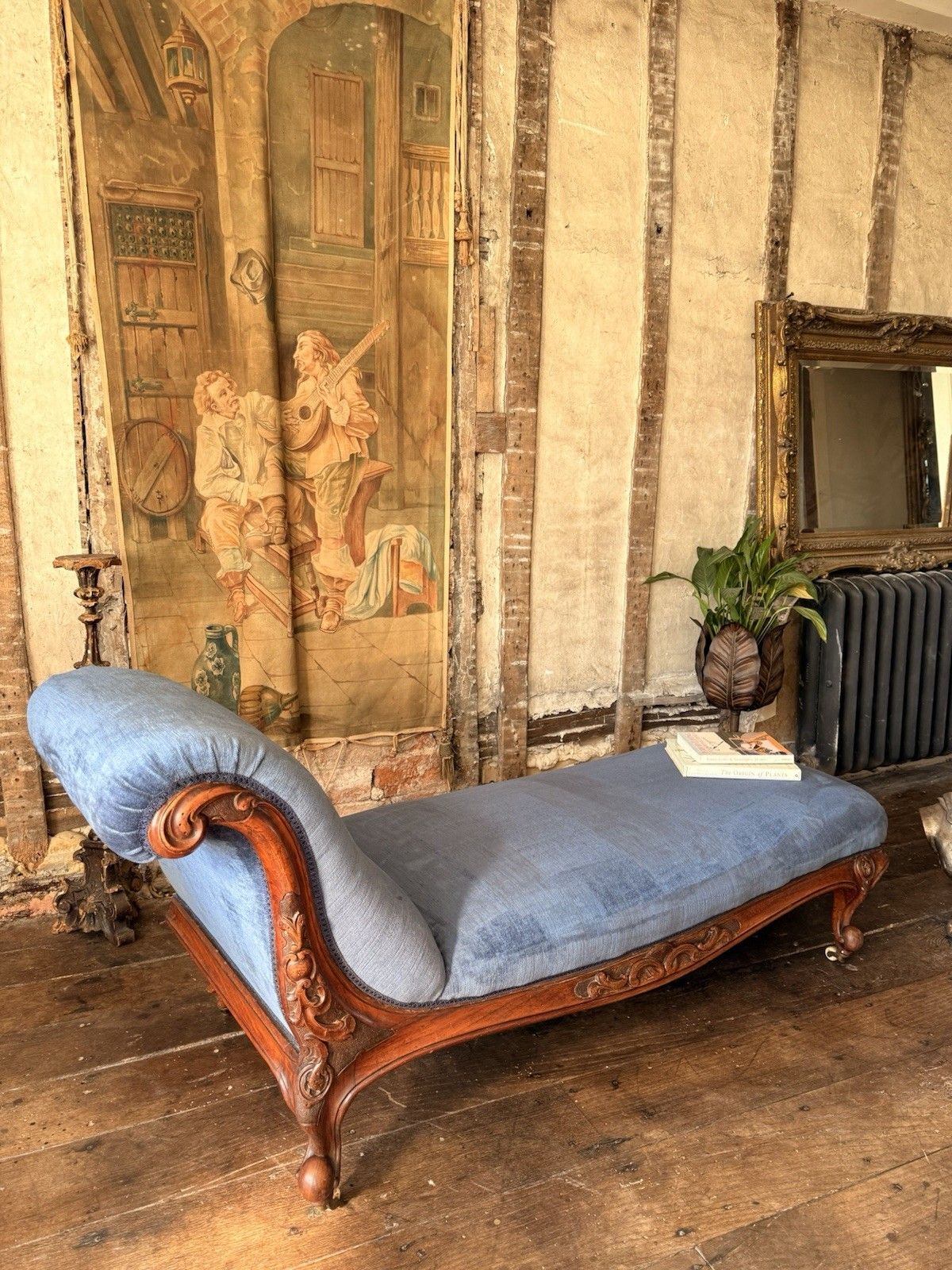 Rare Elegant Antique Walnut Carved Blue Statement French Chaise Longue Daybed photo Furniture